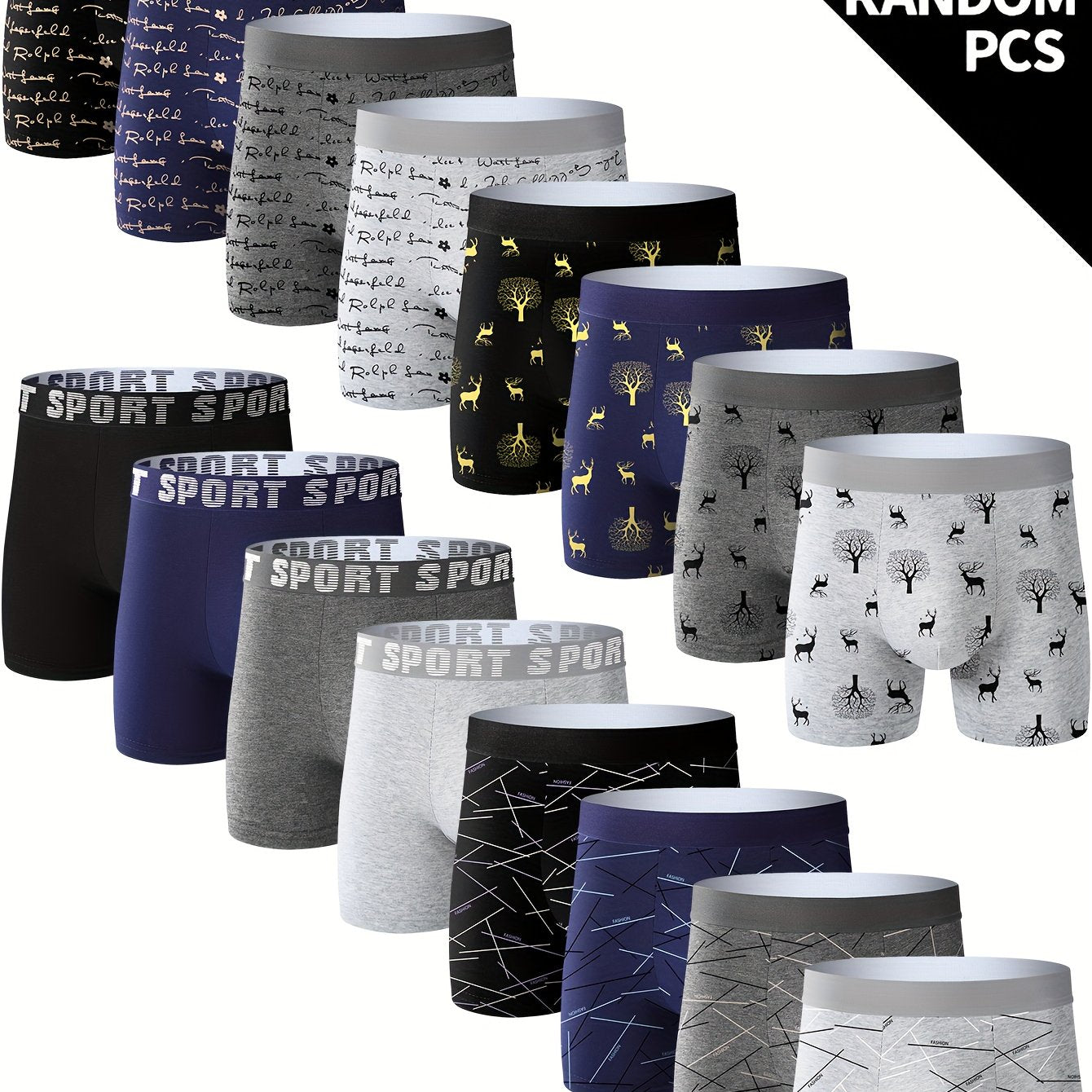 Stylish High Quality Series - 10 Pcs Men's Geometric Letter Deer Print Stretchy Long Boxer Briefs - Comfy & Quick- Drying & Breathable Underwear Set