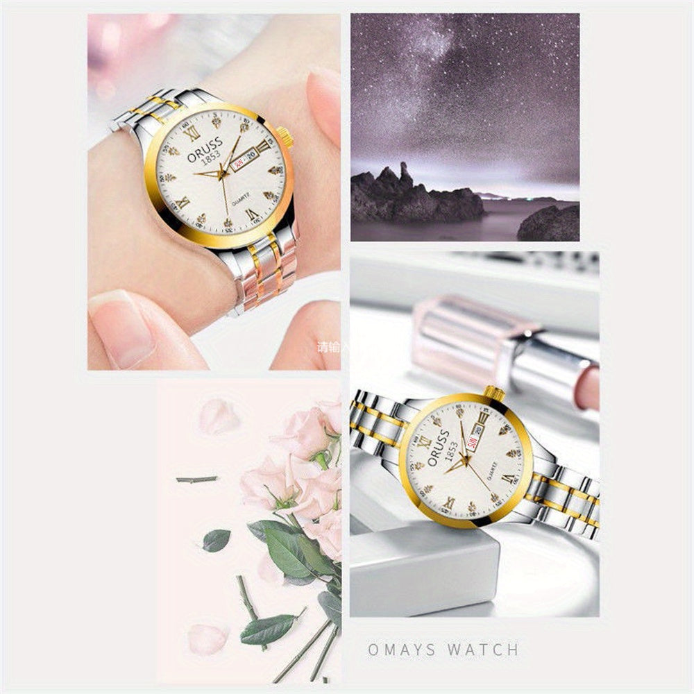 Luxury Rhinestone Decor Quartz Watch Waterproof Calendar Luminous Analog Wristwatch For Daily Life Business Travel Vacation Date Watch