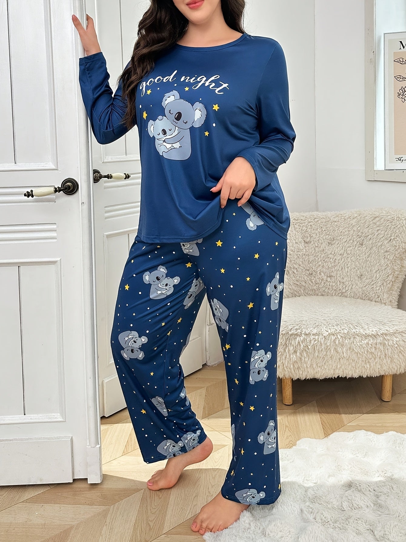 Plus Size Autumn/Winter Women's Pajamas with Cute Cartoon Koala Print Long Sleeve Loungewear Set