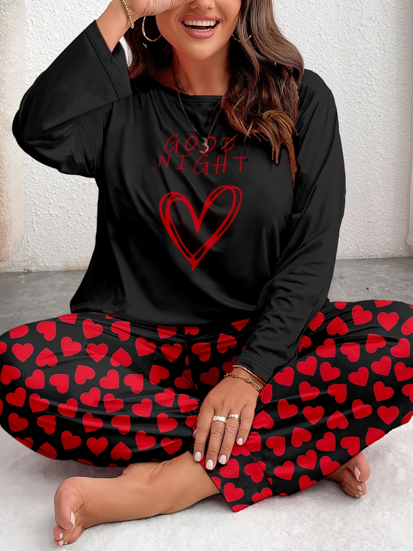 Women's Comfort Plus Size Heart Print Pajama Set - Long Sleeve and Pants, Soft Polyester Loungewear, Machine Washable, Autumn, Oversized, Heart Pattern, Long Sleeve Sleepwear Set
