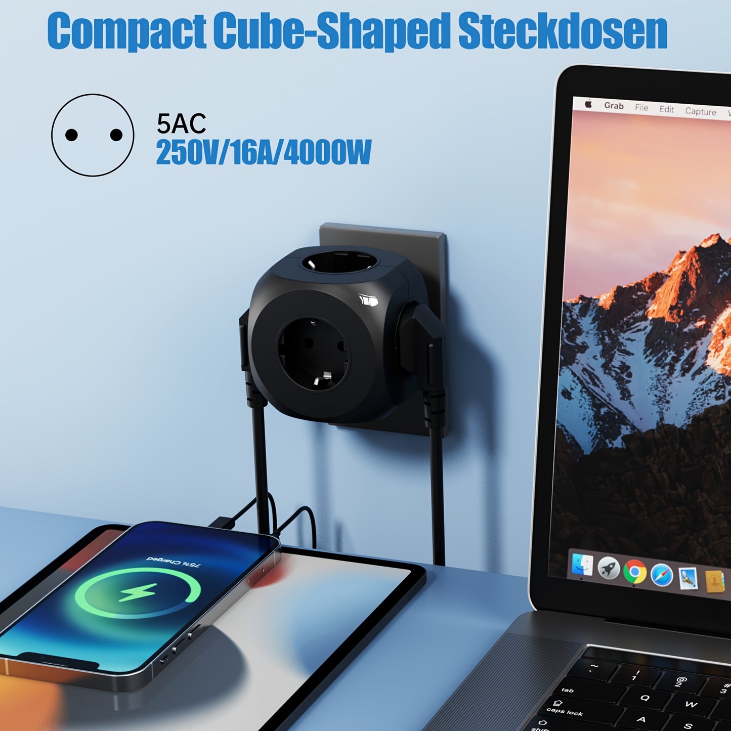 Five-in-one multi-socket cube wall plug, standard European 5 European sockets, multi-socket three-dimensional, suitable for office, home, travel