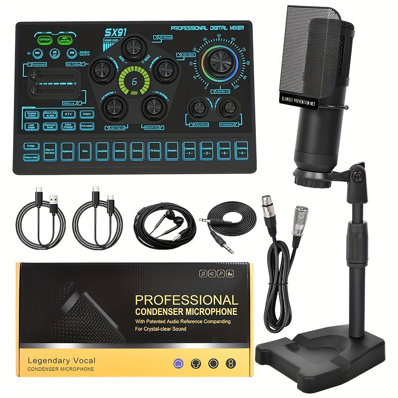 Podcast Live Broadcast Kit, SX91 Live Sound Card + BM800 Podcast XLR Condenser Microphone, Professional Mixing Equipment Set, Ideal for Gaming, Live Broadcasting, Recording Streaming Podcasts, Video Studio, Compatible with La