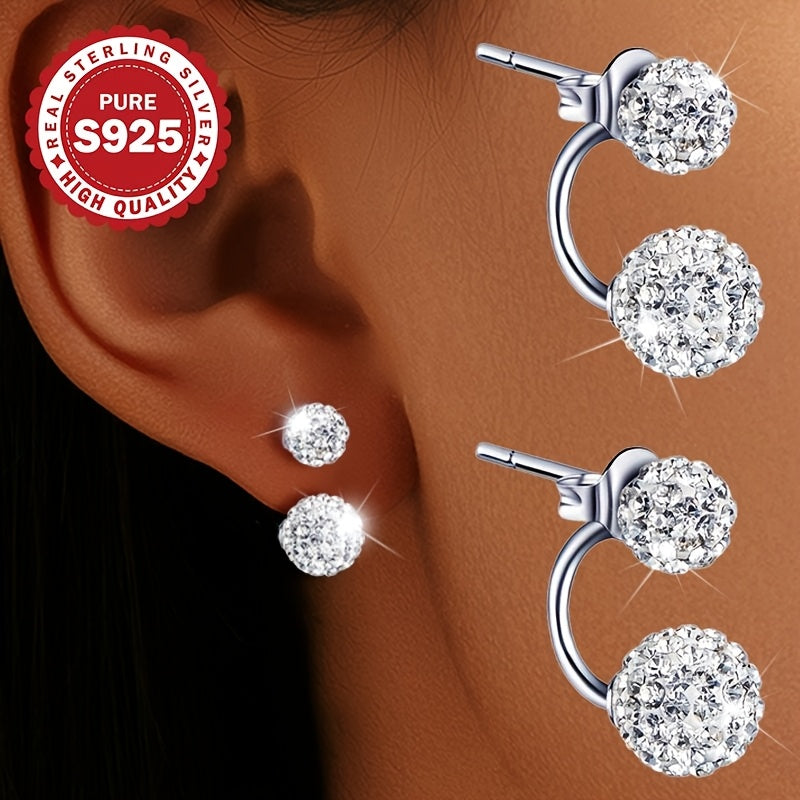 1 Pair of Women's Earrings, S925 Sterling Silvery Shambala Spiral Studs, Sparkling Blingbling Double Ball Dangle Earrings for Parties and Weddings, Hypoallergenic