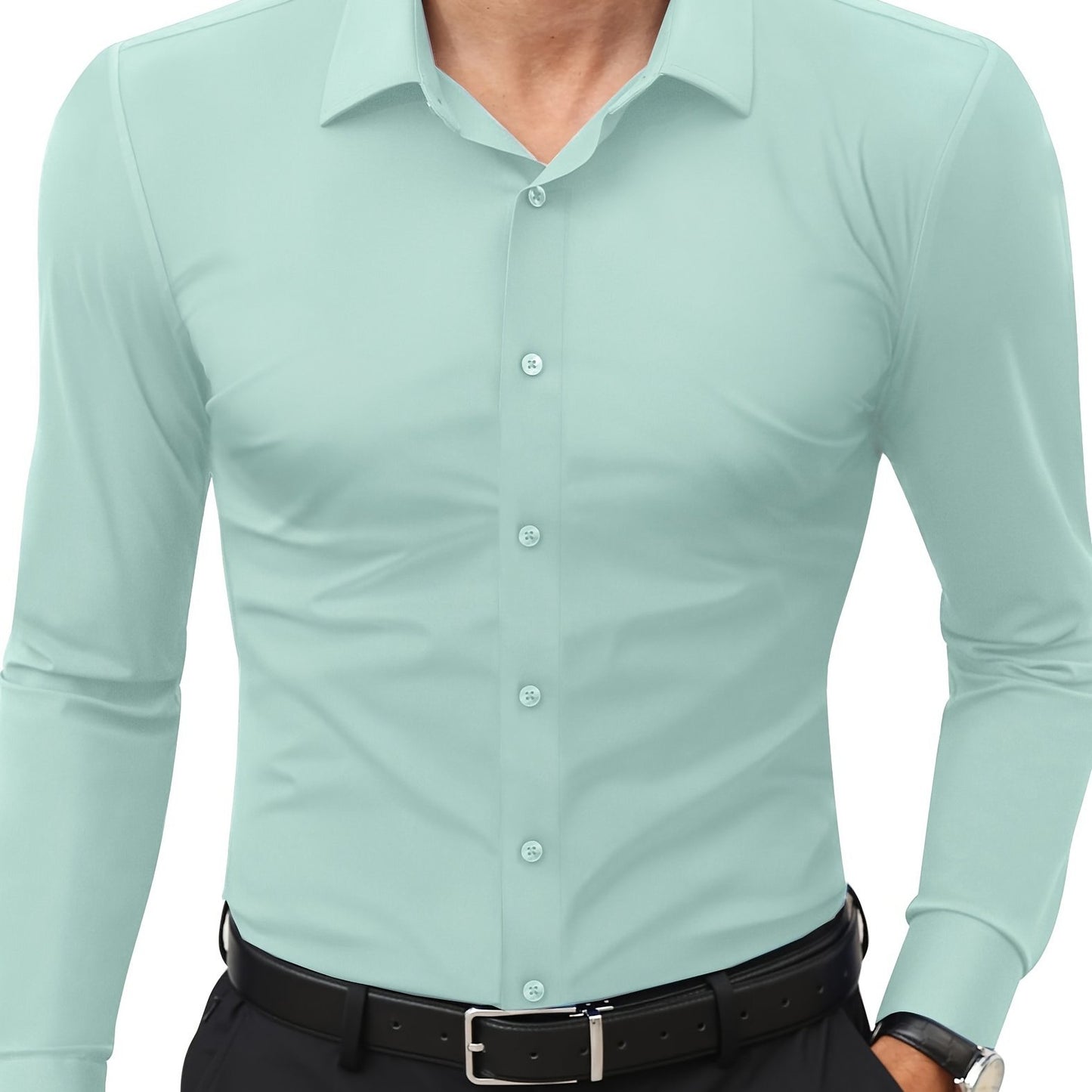 Camisola de homem de manga comprida com corte slim - 55% algodão, 40% poliéster, 5% elastano, cor lisa, para todas as estações, tecido plano, fecho com botões, gola de lapela, ideal para o fim de semana, 125 g/m²