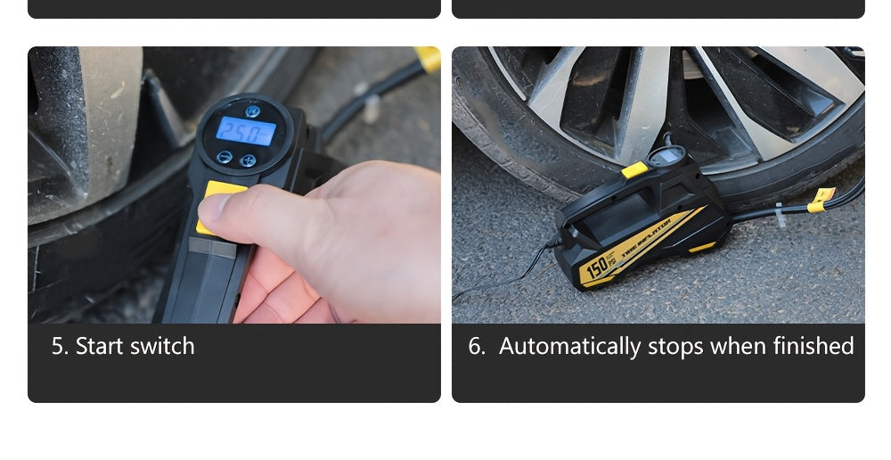 Inflador de pneus digital CaRSun, bomba de ar portátil com luz LED para automóveis, motos e bicicletas - DC 12V, 150 PSI, design preto e amarelo, alimentação por ficha, sem necessidade de bateria, insuflador de pneus de bicicleta | Porta elegante