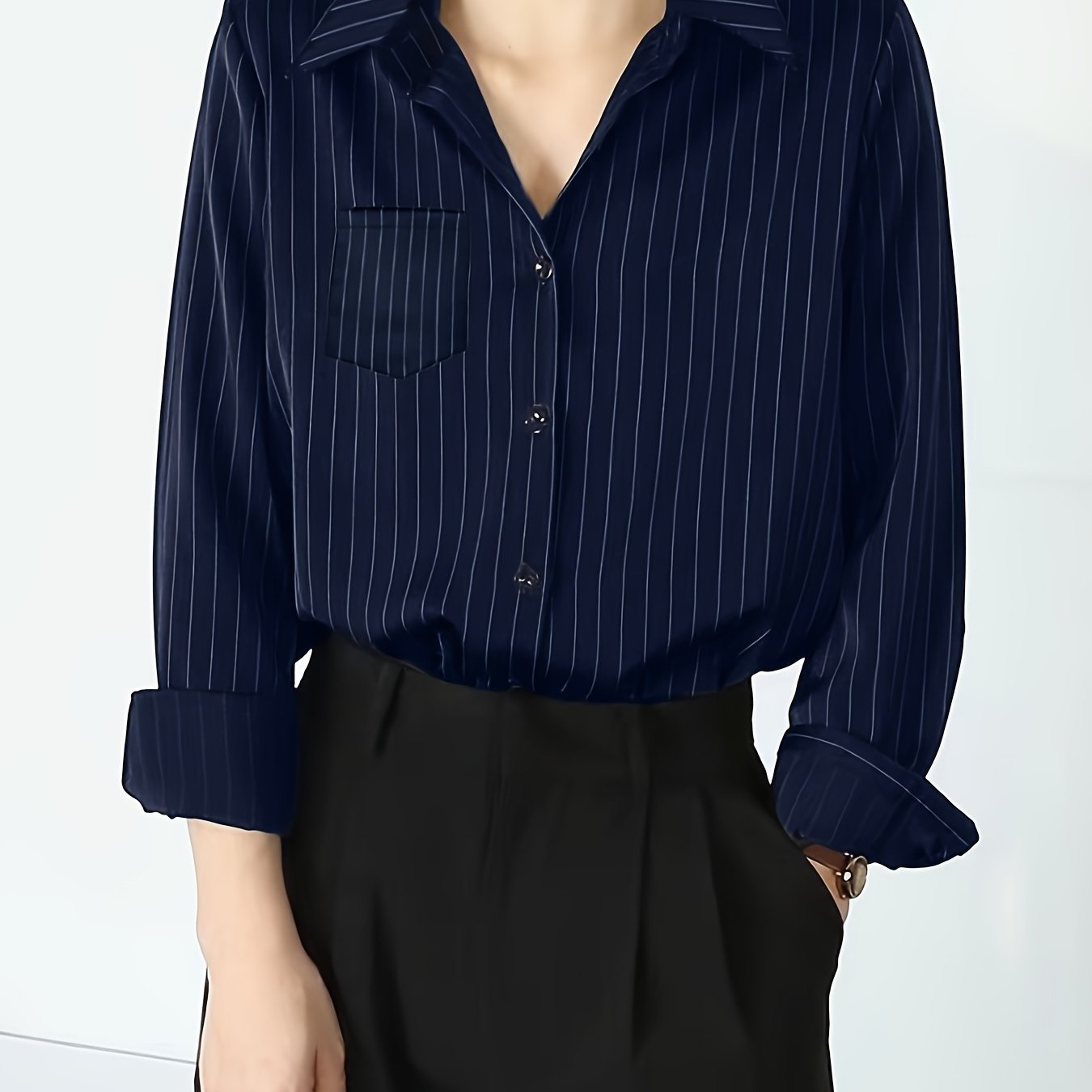 Striped Button Up Chest Pocket Blouse, Elegant Lapel Collar Long Sleeve Blouse, Women's Clothing