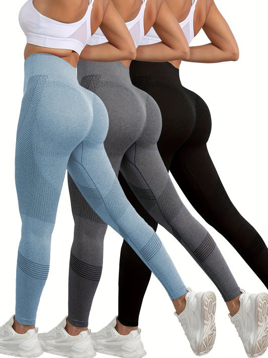 3pcs Women's High-Waisted Seamless Gym Leggings - Butt-Lifting Tummy Control Yoga Pants, 4-Way Stretch Machine Washable Workout Running Yoga Pants in Burgundy/Gray/Black, Sleek Sporty Design, Nontransparent Fabric