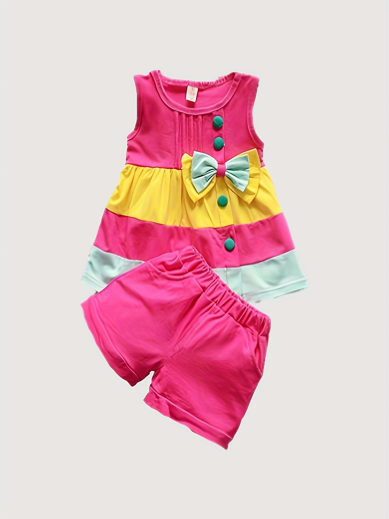 Stylish Color Block Outfit - Cute Bow Puffy Hem Vest & Pocket Shorts Two-piece Set Toddler Baby Clothes Outdoor Clothes Outdoor Suit