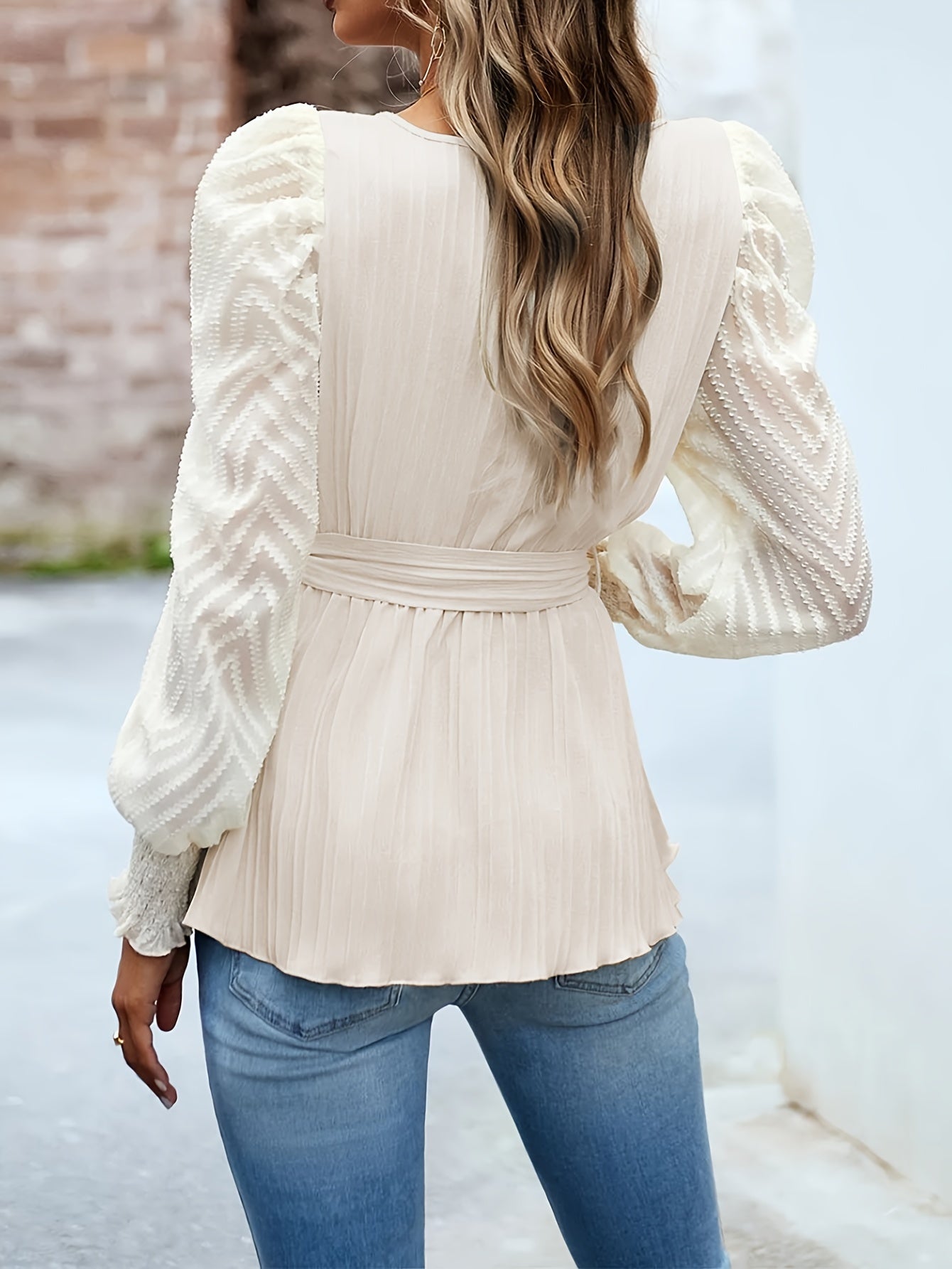 Mesh Stitching Crew Neck Belted Blouse, Elegant Long Sleeve Blouse For Spring & Fall, Women's Clothing