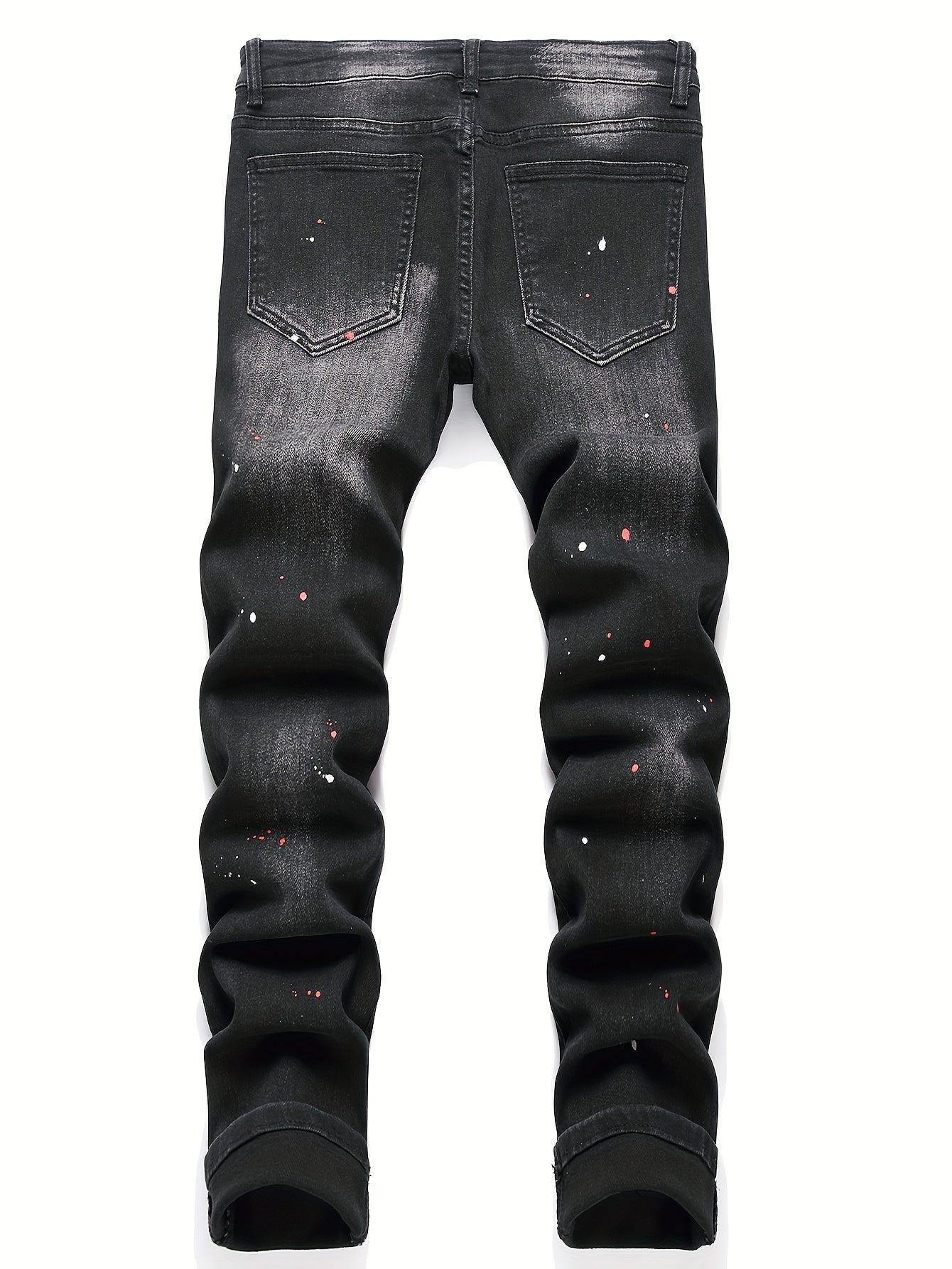 Patch Splatter Ripped Jeans, Men's Casual Street Style Distressed Slim Fit High Stretch Denim Pants For Spring Summer