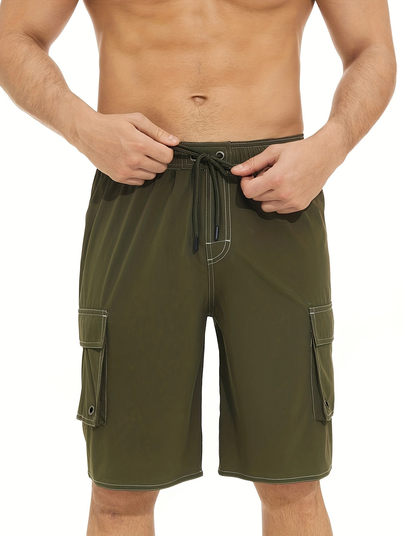 Men'S Big & Tall Quick-Dry Swim Trunks - Olive Green Beach Shorts with Adjustable Drawstring, Pockets, and Durable Polyester Fabric for Summer, Summer Swimwear | Adjustable Drawstring Shorts | Quickdry Material, Bathing Suits