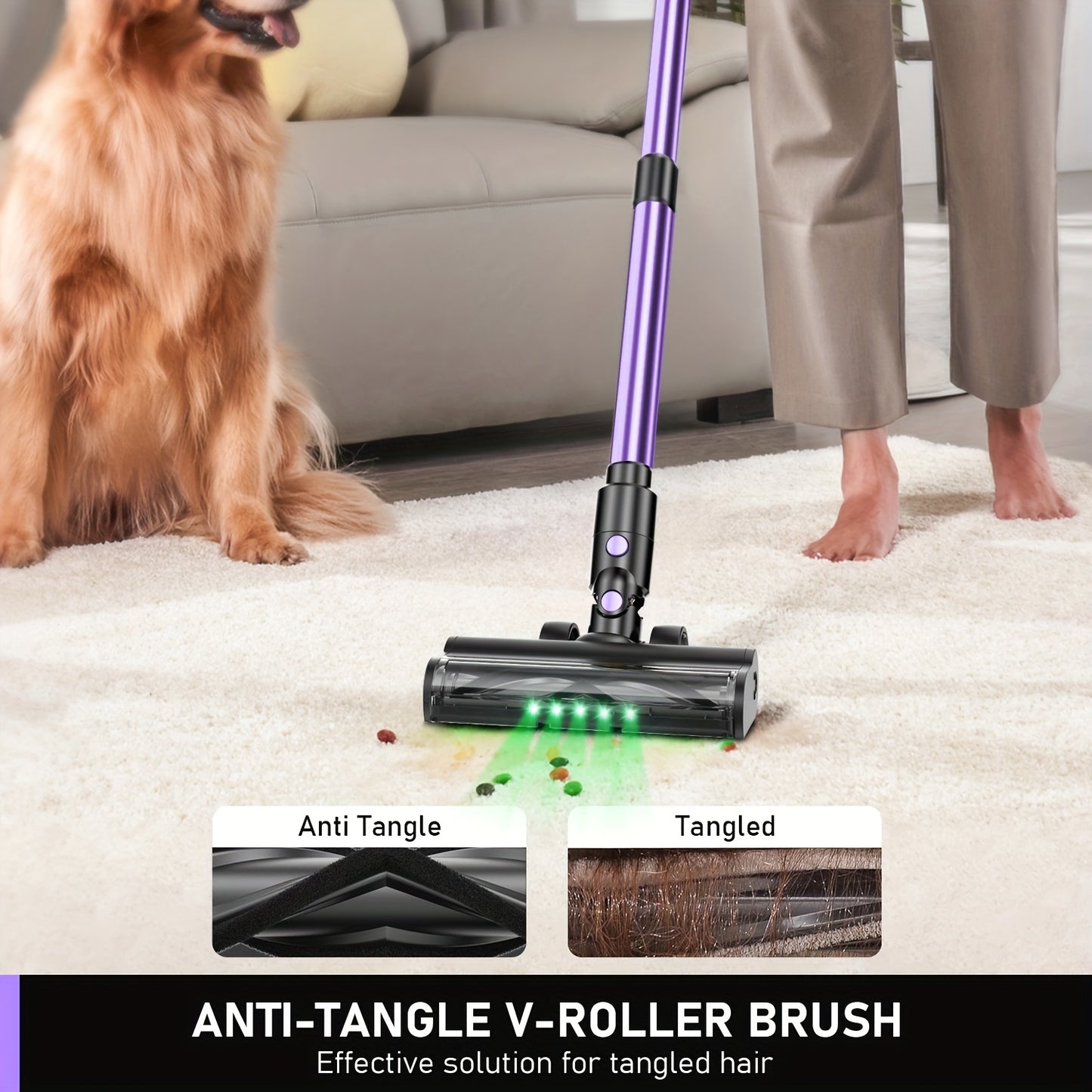 High Suction Home Cordless Vacuum Cleaner, 10-in-1 Multi-Purpose Cane Vacuum Cleaner, 45-Minute Range, 3 Suction Modes with Upgraded Green LED Lights And Tangle-Free Brush for Home, Hardwood Floors, Carpets And Pet Hair.