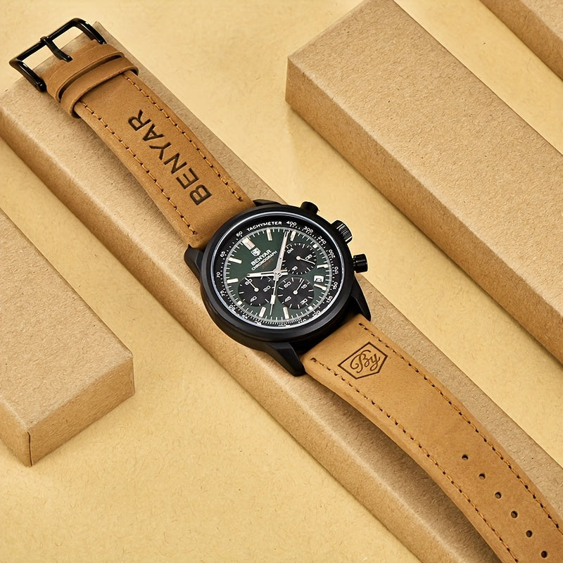 BENYAR Top Brand Men's Watches Sport For Men Multifunction Chronograph Black Fashion Quartz Wristwatches Calendar With Leather Strap