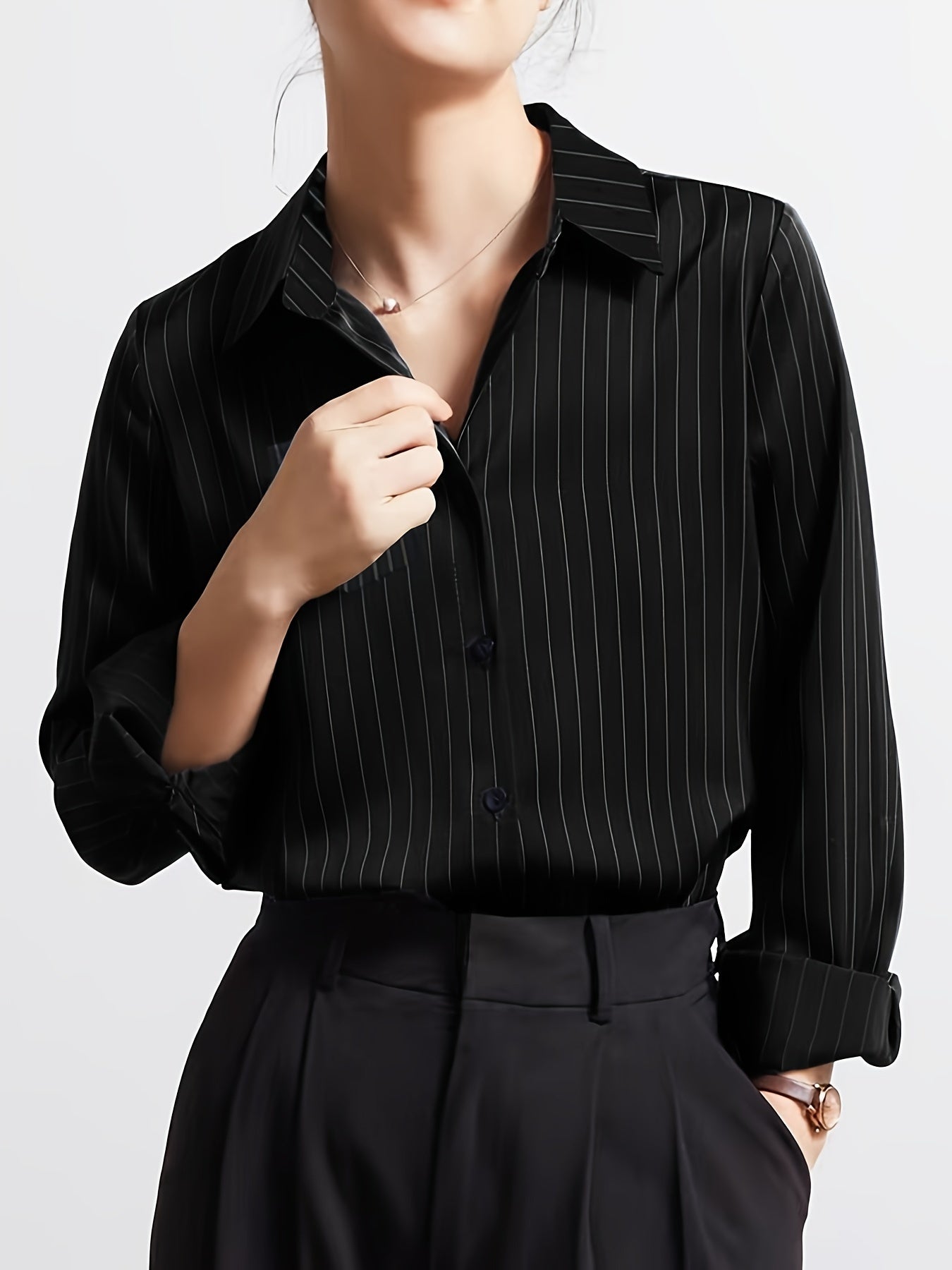 Striped Button Up Chest Pocket Blouse, Elegant Lapel Collar Long Sleeve Blouse, Women's Clothing