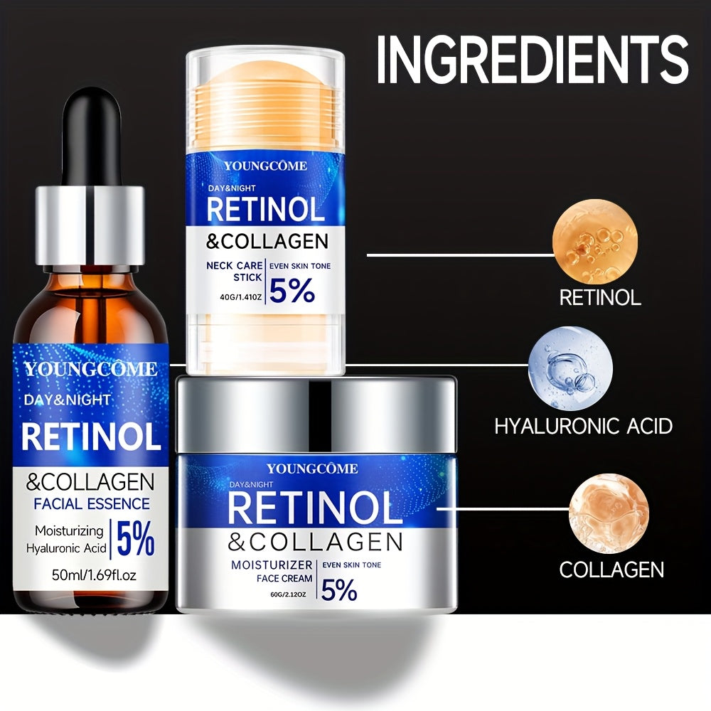 YOUNGCOME Retinol+collagen complex+hyaluronic acid Light Beige care set, powerful moisturizing face cream and firming essence, three piece neck care stick, alcohol free, suitable for all Light Beige types,make Light Beige you