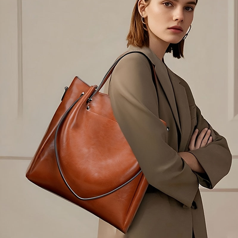 Women'S Genuine Leather Tote & Crossbody - Elegant Minimalist Hand with Golden-Tone Hardware, Zipper Closure, Golden-Tone Hardware &, Sturdy Base For Everyday & Formal Use, Versatile Accessory, Sleek Design, Durable Construct