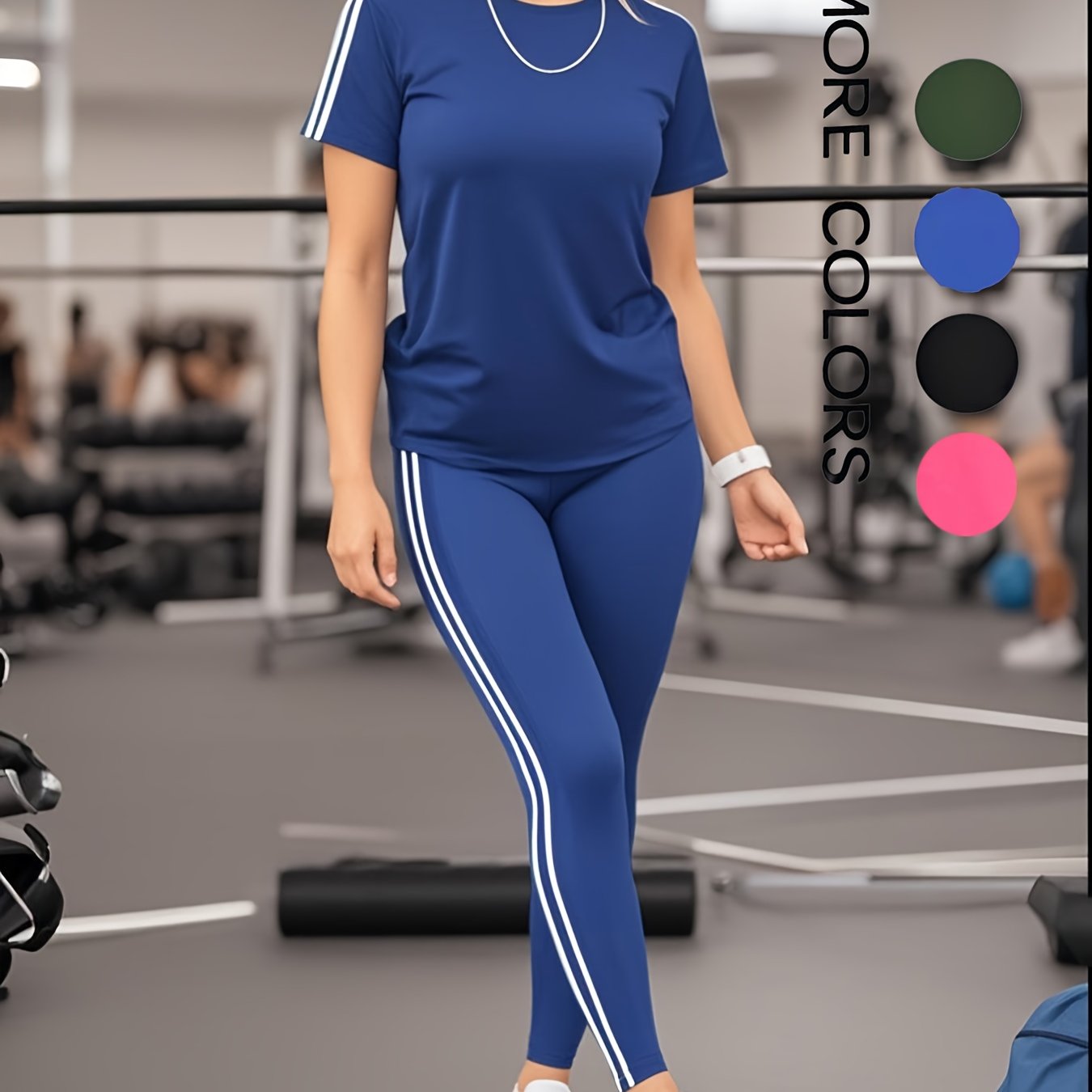 Women'S Casual Fashion Outdoor Sports Set, Double-Sided Striped Round Neck Short Sleeve Long Pants Two-Piece, Women'S Jogging Suit, Solid Color, Medium Stretch, Regular Sleeve, Crew Neck, Side Stripe, Pullover, Spring/Summer/
