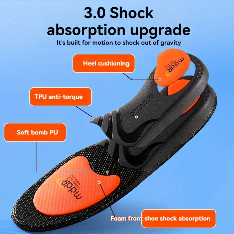 1 Pair MADIFW Support Sports Insoles - Upgraded TPU Anti-Torque 3.0 System, High Elastic Shock Absorption, Breathable & Comfortable for Active Lifestyles, Black with Orange Accents