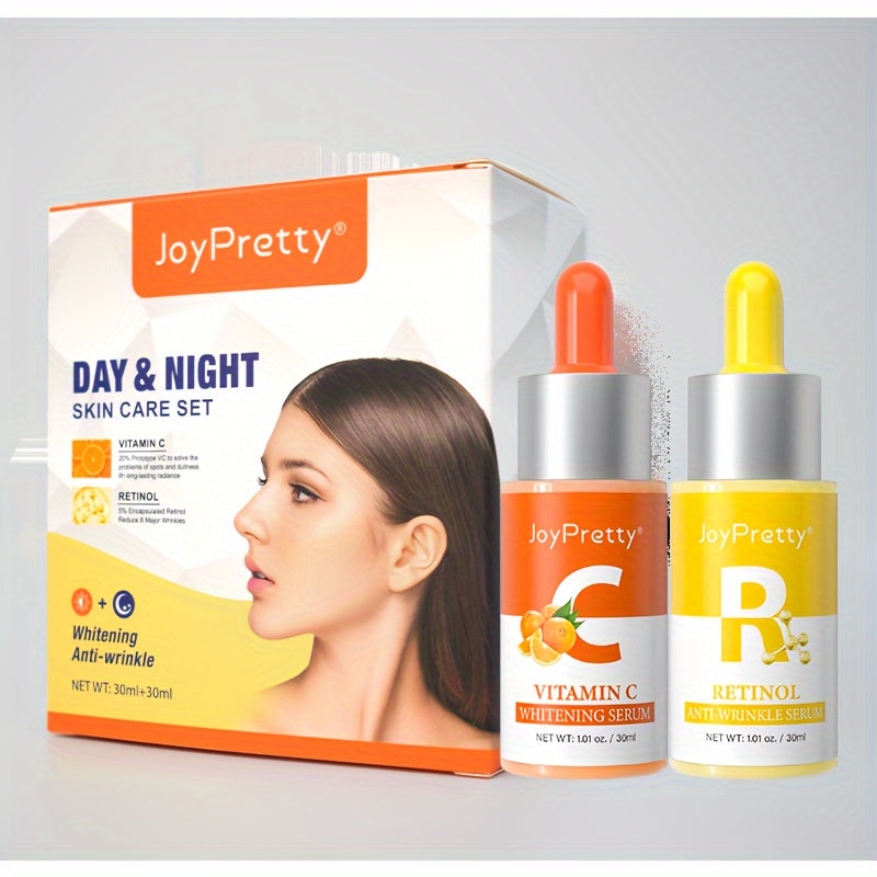 Vitamin C Serum In The Morning And Retinol Essence In The Evening, Facial Skin Care Serum Set, Moisturizing, Rejuvenating Essence To Improve Rough Skin, 30ml*2pcs/Set With Plant Squalane