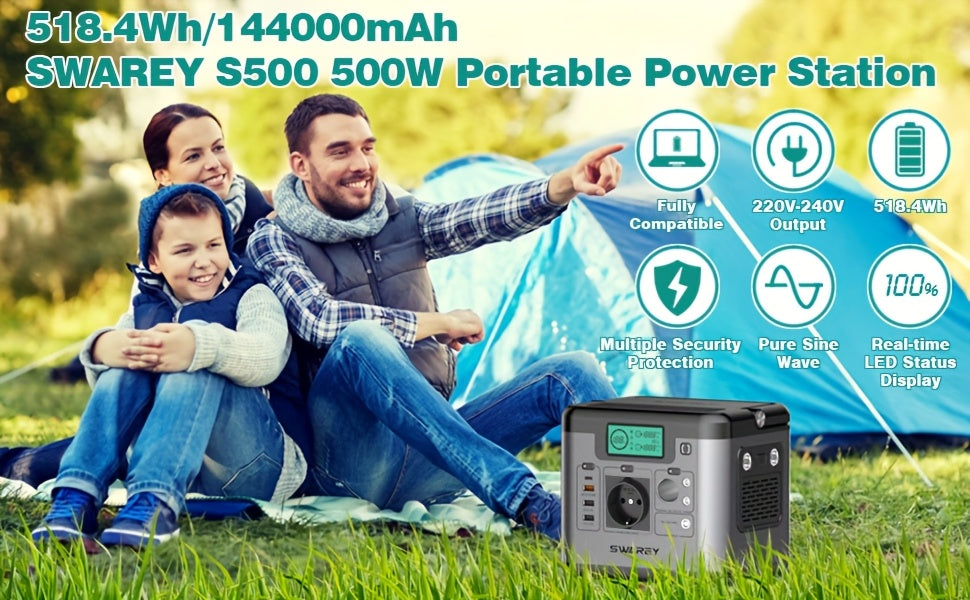SWAREY Portable Power Bank with 200W Solar Panel, Power Station 518 Wh, Solar Generator 500W AC Output, 65 W USB-C Port, Power Generator Battery for Party, Travel, Camping, Motorhome, Emergency