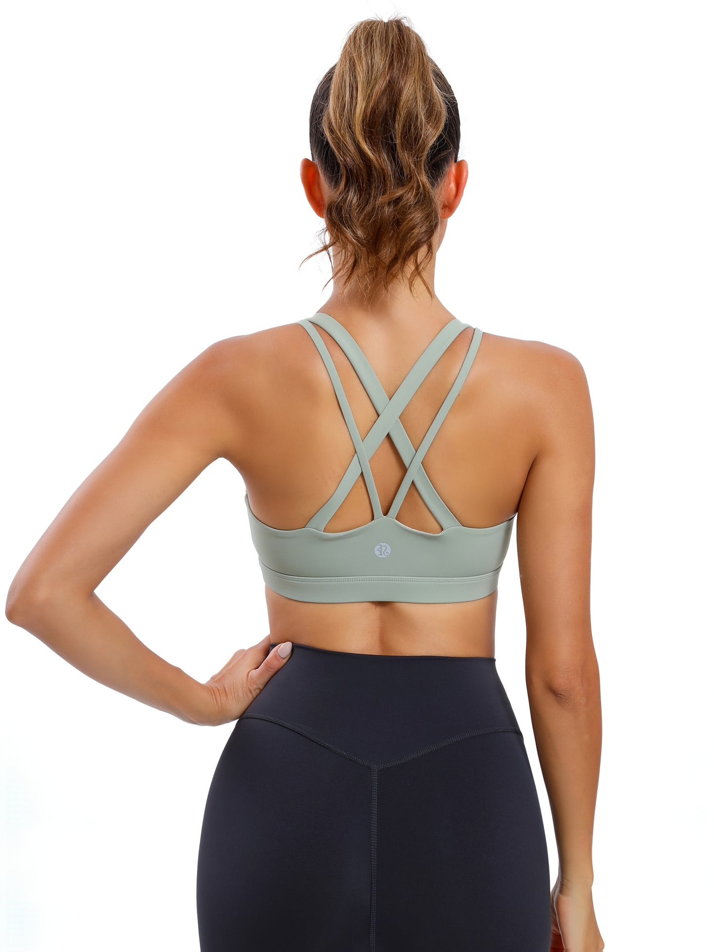 LEOQ Women's Slim Fit Yoga Sports Bra - Elegant Cross-Back Design, Mint Green Nylon Spandex Blend, Removable Pads, Medium Support for Fitness & Yoga, LEOQ