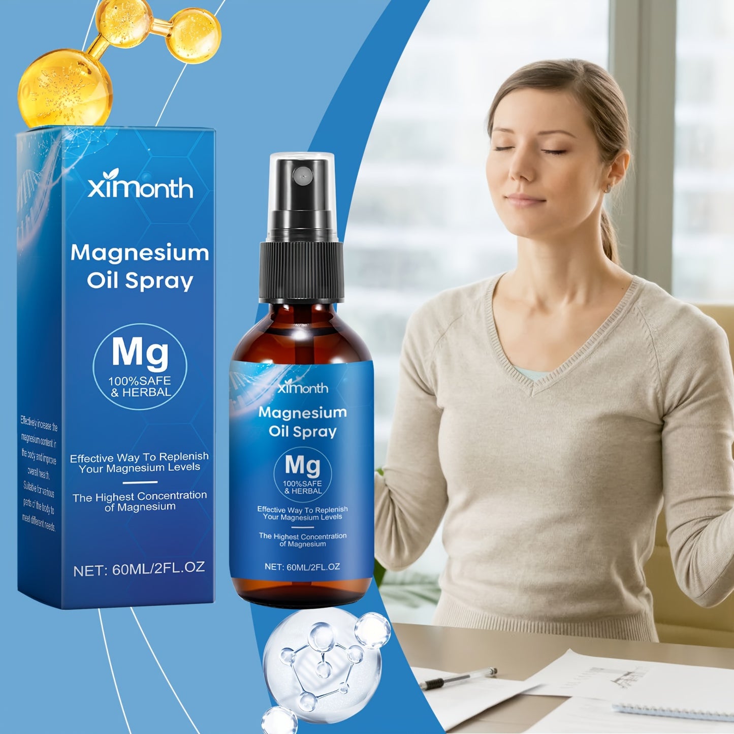 XIMONTH Pure Magnesium Oil Spray, 2fl. Oz - Alcohol-Free, Fragrance-Free with Glycerin & Tea Tree for All Skin Types, Hydrating & Cleansing