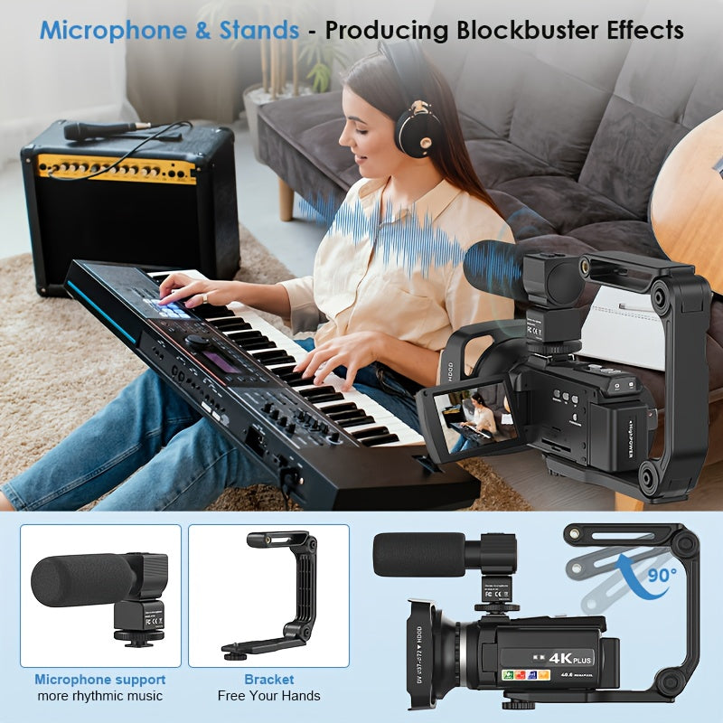 Flyfrost 4K 60FPS HD Camcorder with External Mic, 6D Stabilization & WIFI FPV Drone-like Camera, 48MP Photo/Video, 7.62cm Touch Screen, Auto Focus, 80° Lens, Remote Control, Compatible with PC/Mobile for Vlogging, YouTube Re