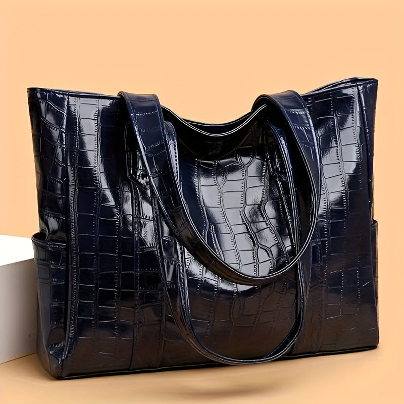 Stylish White Crocodile-Textured Tote Bag with Golden-Tone Hardware - Large Capacity, Durable, Perfect for Commuting, Shopping, and Travel, Travel Tote Bag | Elegant Tote Bag | Durable Tote