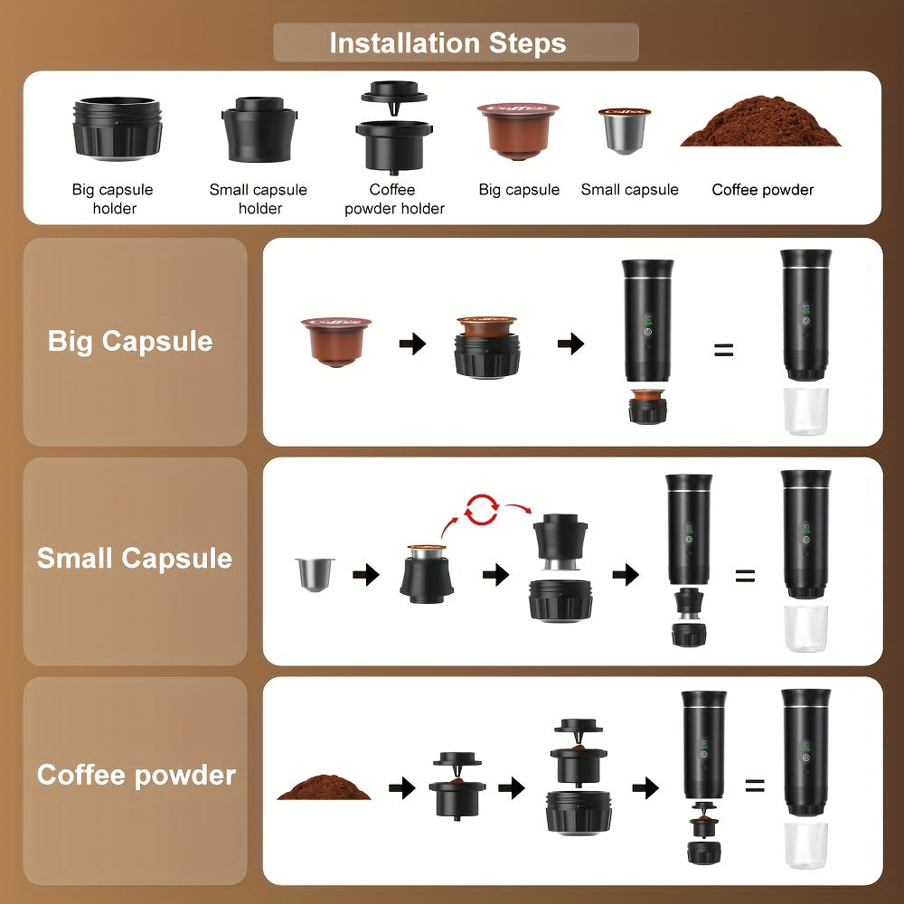 2025 Upgrade Portable Espresso Machine with Temperature and Battery Display, Type-C Charging, Automatic Heating, Hot and Cold Beer, Compatible with Ground and Capsules, Ideal for RV, Hiking, Office