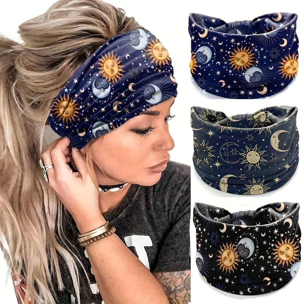 Boho Headband Sun Moon Printed Hair Band Wide Stretchy Sweatband For Yoga Running Headdress For Women