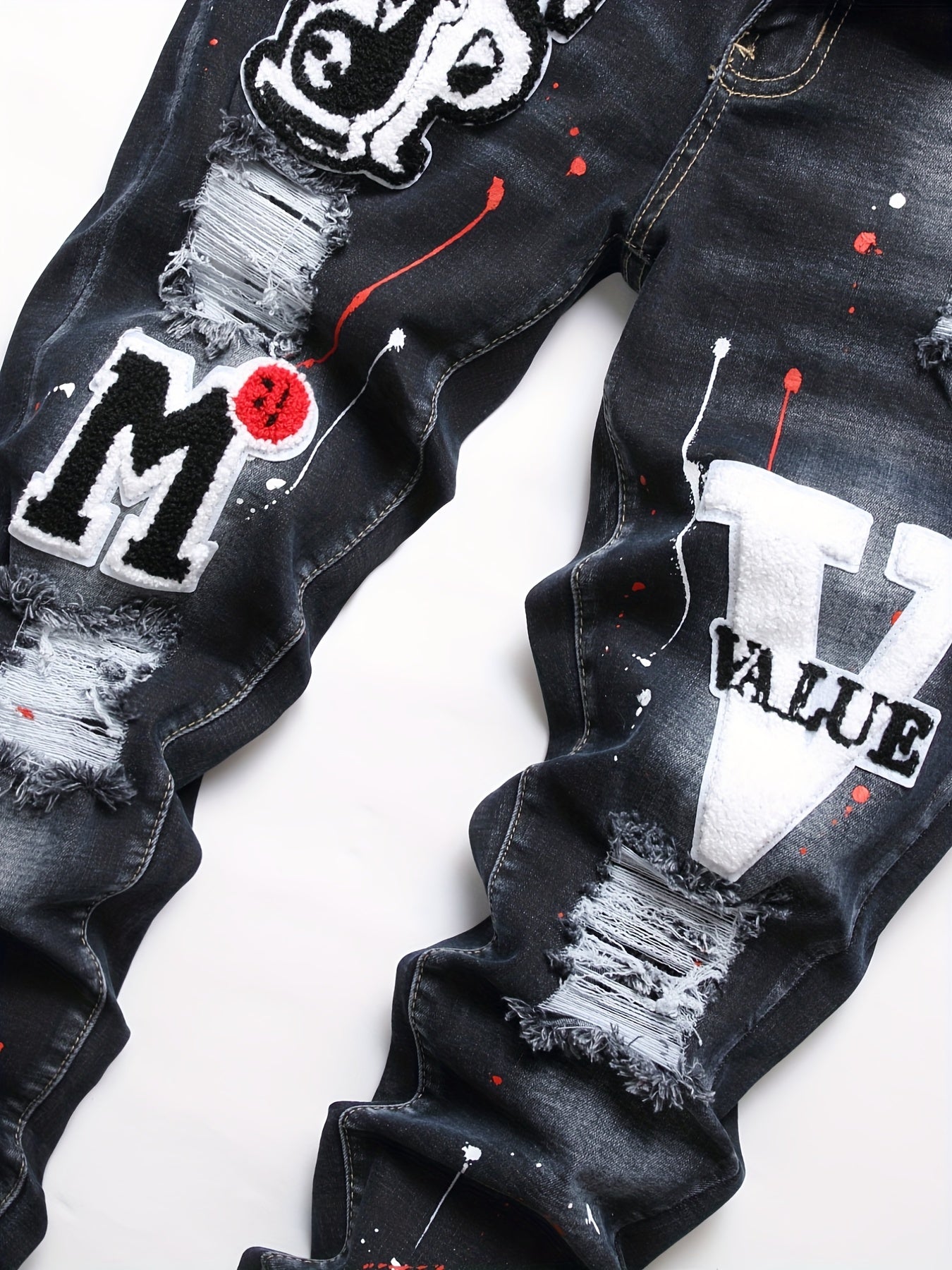 Patch Splatter Ripped Jeans, Men's Casual Street Style Distressed Slim Fit High Stretch Denim Pants For Spring Summer
