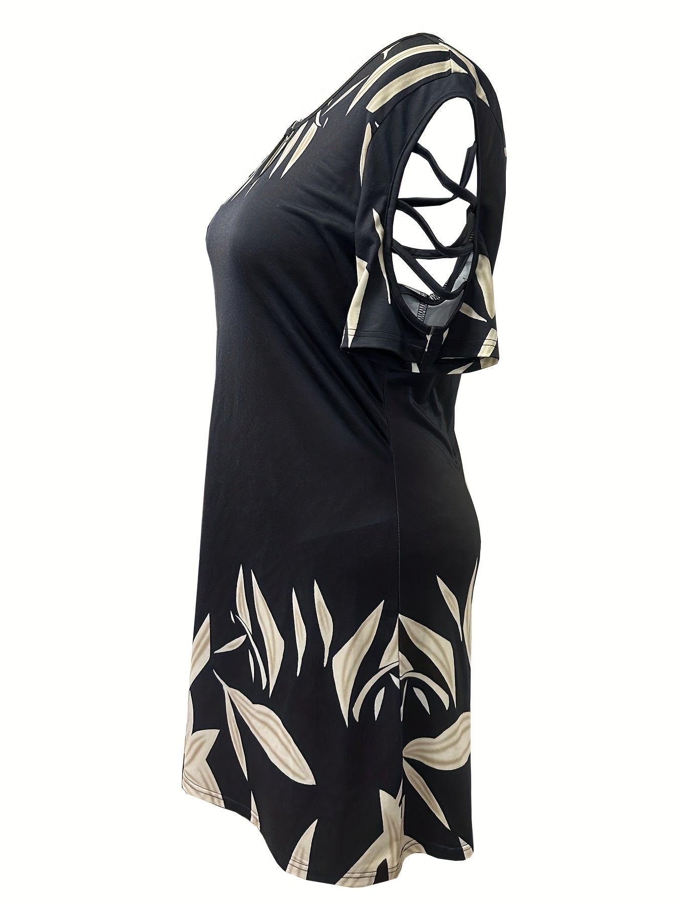 Plus Size Casual Dress, Women's Plus Leaf Print Ring Decor Cut Out Sleeve Round Neck High Stretch Keyhole Front Dress