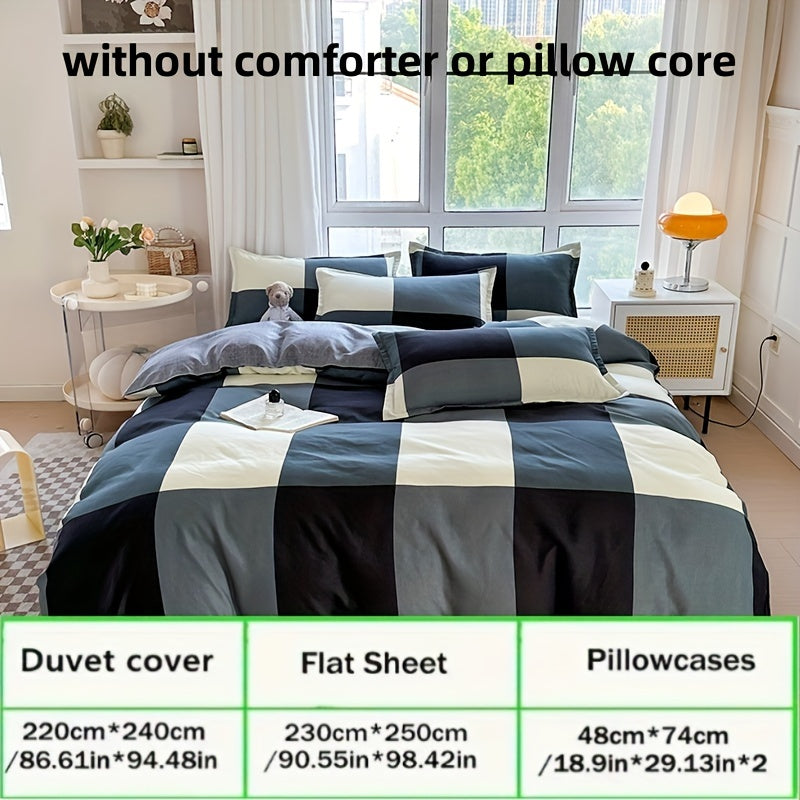 Conjunto de cama de 4 peças macio e respirável - Estampado xadrez espacial criativo, lavável à máquina - inclui lençol, edredão e 2 fronhas para todas as estações - ideal para dormitórios de estudantes, quartos e quartos de hóspedes.