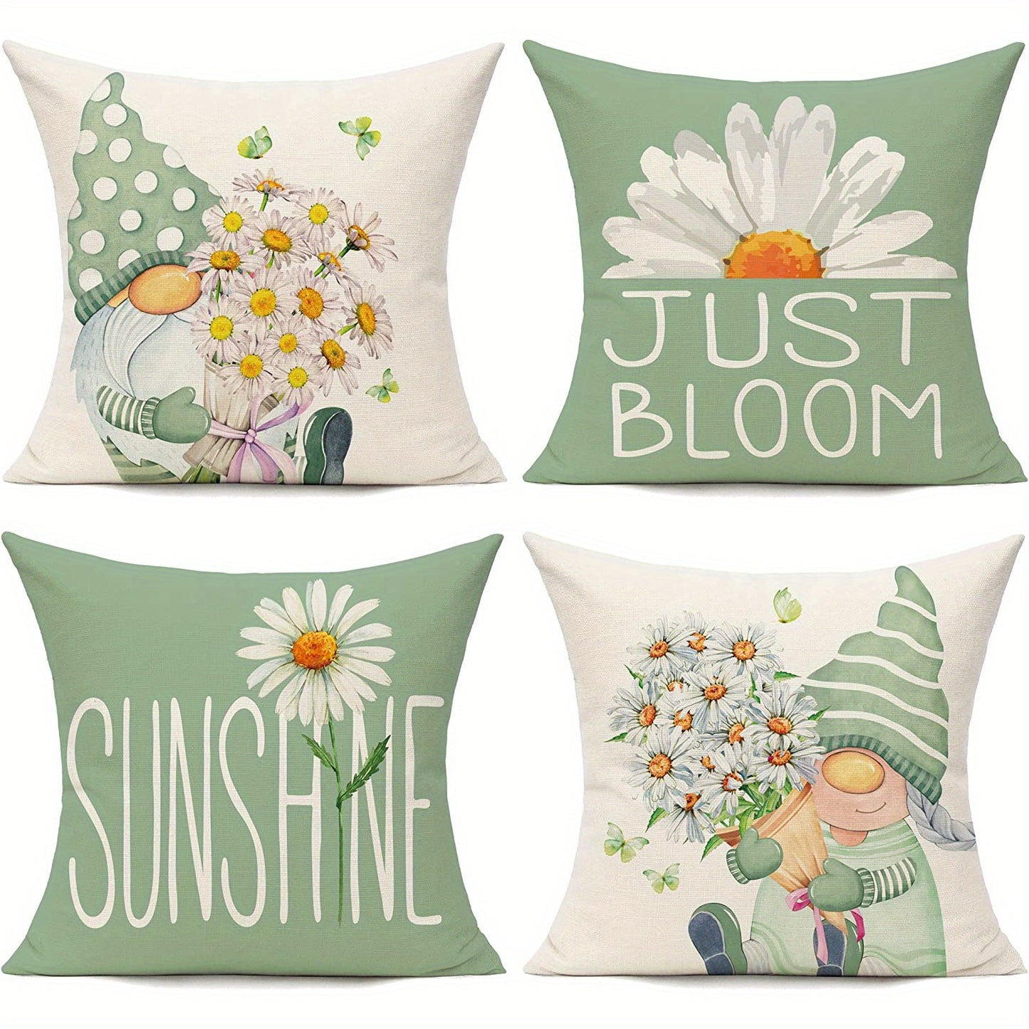 4pcs Daisy Flower Gnome Pattern Spring Throw Pillow Covers, For Home Couch Patio Furniture Bench Sofa Porch Decor, No Pillow Insert, 45.72*45.72cm