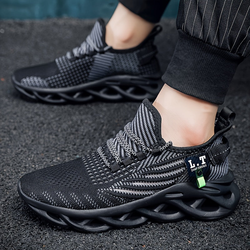Men's Breathable Slip- Sneakers - Arch & Cushioned Sole, Black/Gray/White Sneakers with Arch, Lace-Up Closure & Traction Tread for Gym, Jogging, Casual Wear - All-Season Comfortable Walking Shoes with Geometric/Striped Design