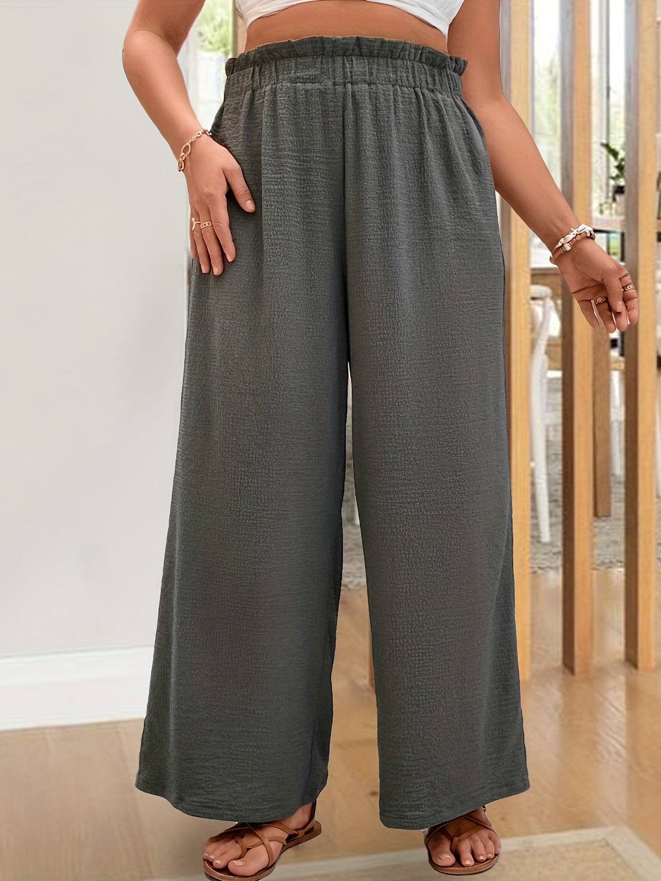 Plus Size Casual Pants, Women's Plus Plain High Rise Elastic Medium Stretch Wide Leg Pants
