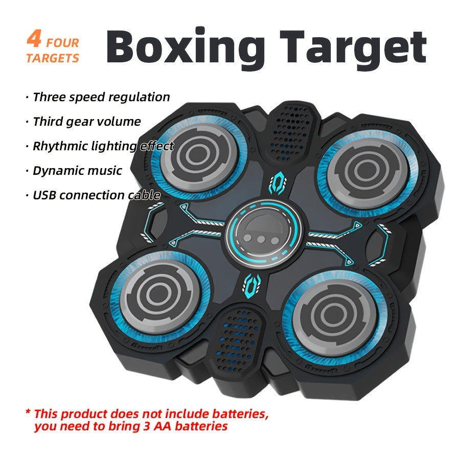 Interactive boxing exercise toy with 4 targets, updated edition with cool LED lights and dynamic music, includes punching gloves, adjustable speed, wall mountable, ideal for indoor training and family fun, battery operated (AA No. 1)
