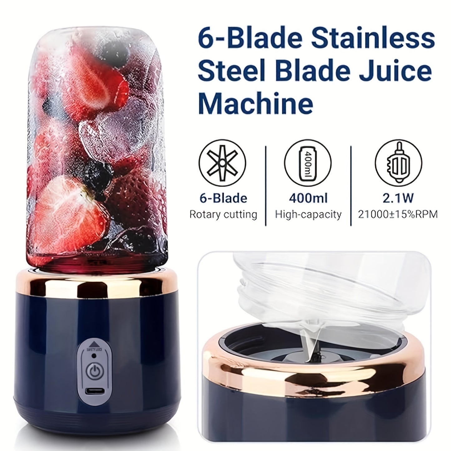 Portable Blender, Mini Smoothie and Shake Maker, USB Rechargeable Personal Mixer with 6 Blades for Fresh Juice, 430g Capacity, Stainless Steel Body, Round Shape, Ideal for Kitchen, Home, Travel - Blenders for Kitchen