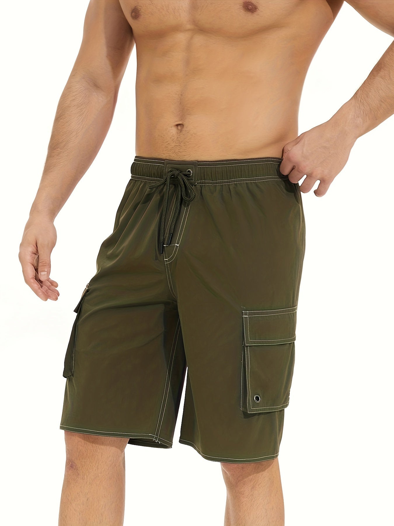 Men'S Big & Tall Quick-Dry Swim Trunks - Olive Green Beach Shorts with Adjustable Drawstring, Pockets, and Durable Polyester Fabric for Summer, Summer Swimwear | Adjustable Drawstring Shorts | Quickdry Material, Bathing Suits