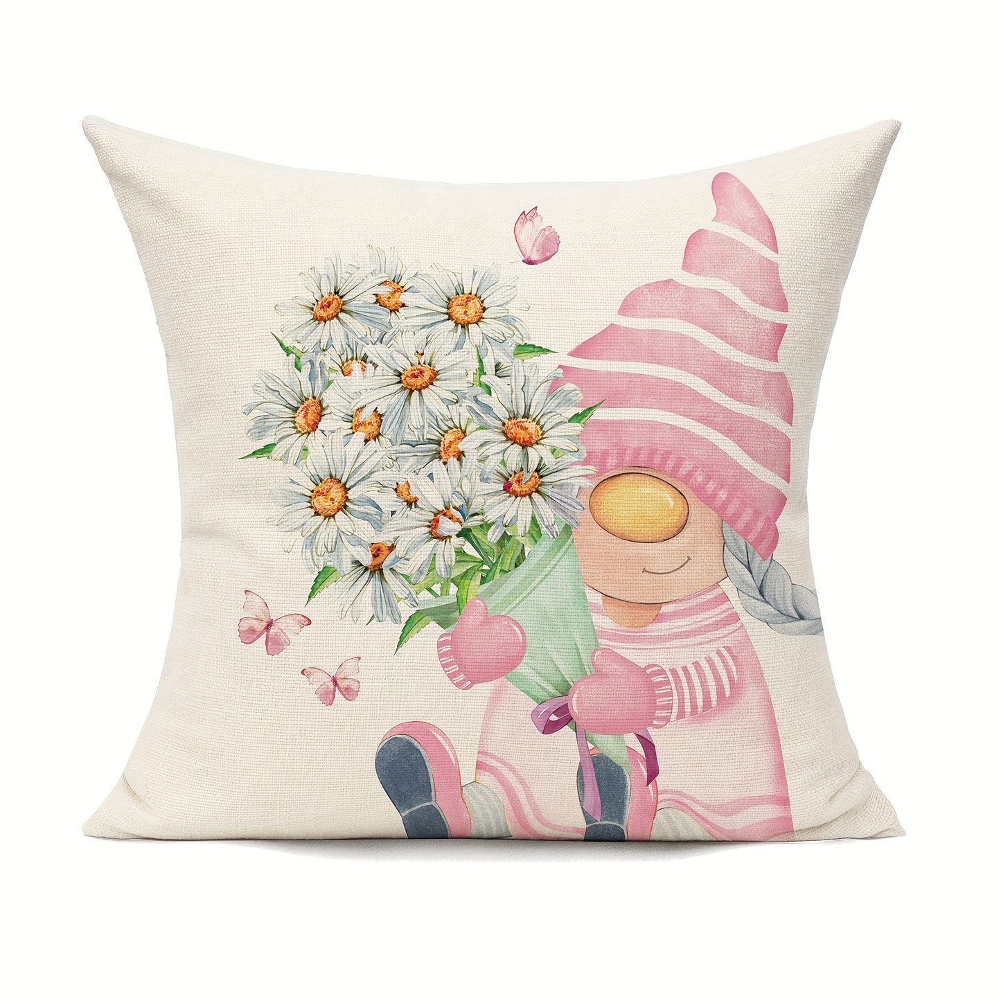 4pcs Daisy Flower Gnome Pattern Spring Throw Pillow Covers, For Home Couch Patio Furniture Bench Sofa Porch Decor, No Pillow Insert, 45.72*45.72cm