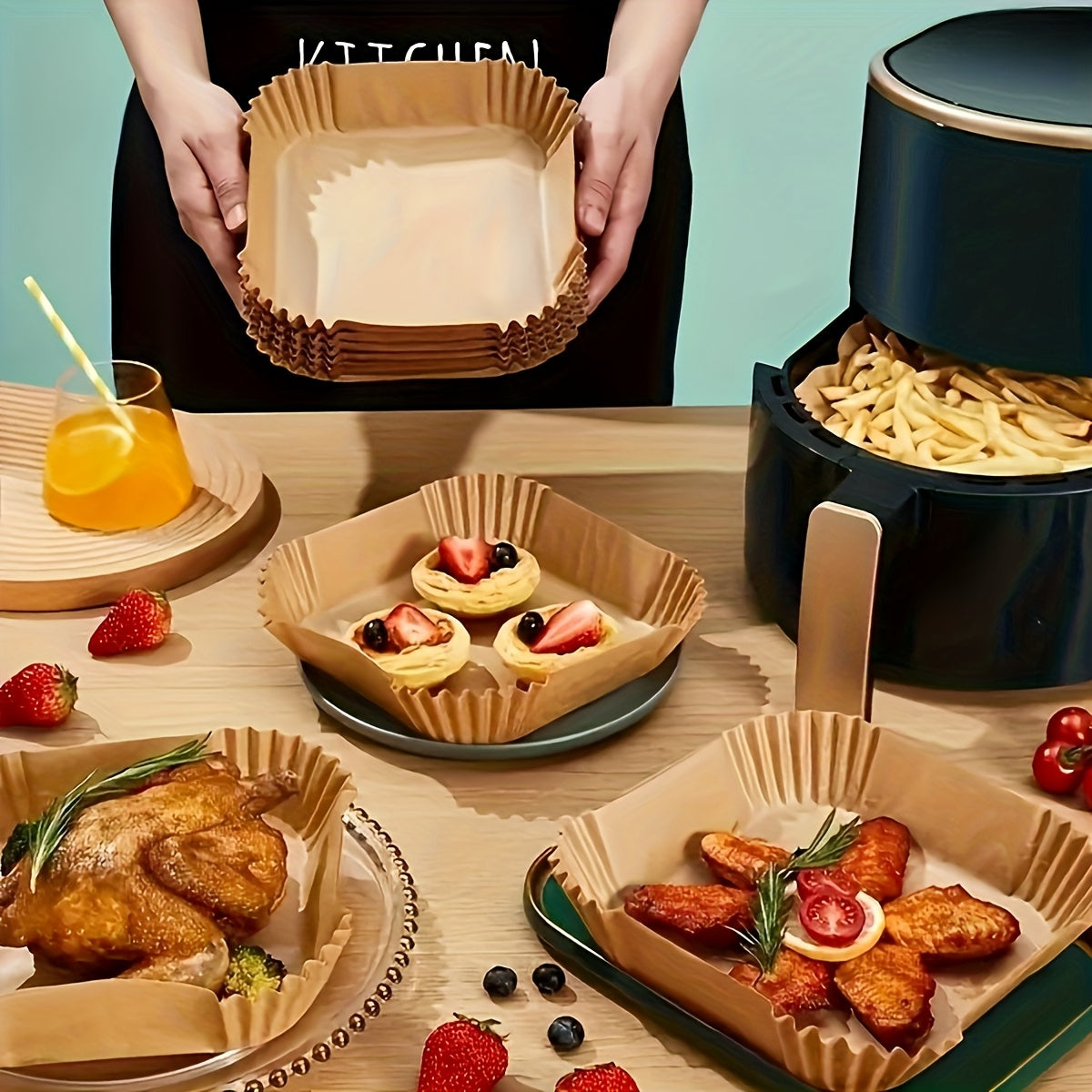 100pcs Non-Stick Air Fryer Liners - Premium Paper Single Sheets with Ridged Edges for Secure Cooking, Easy Cleanup & Healthy Cooking - Multi-Use for Baking, Roasting, Microwaving - Ideal for Home & Commercial Kitchens, Air Fr