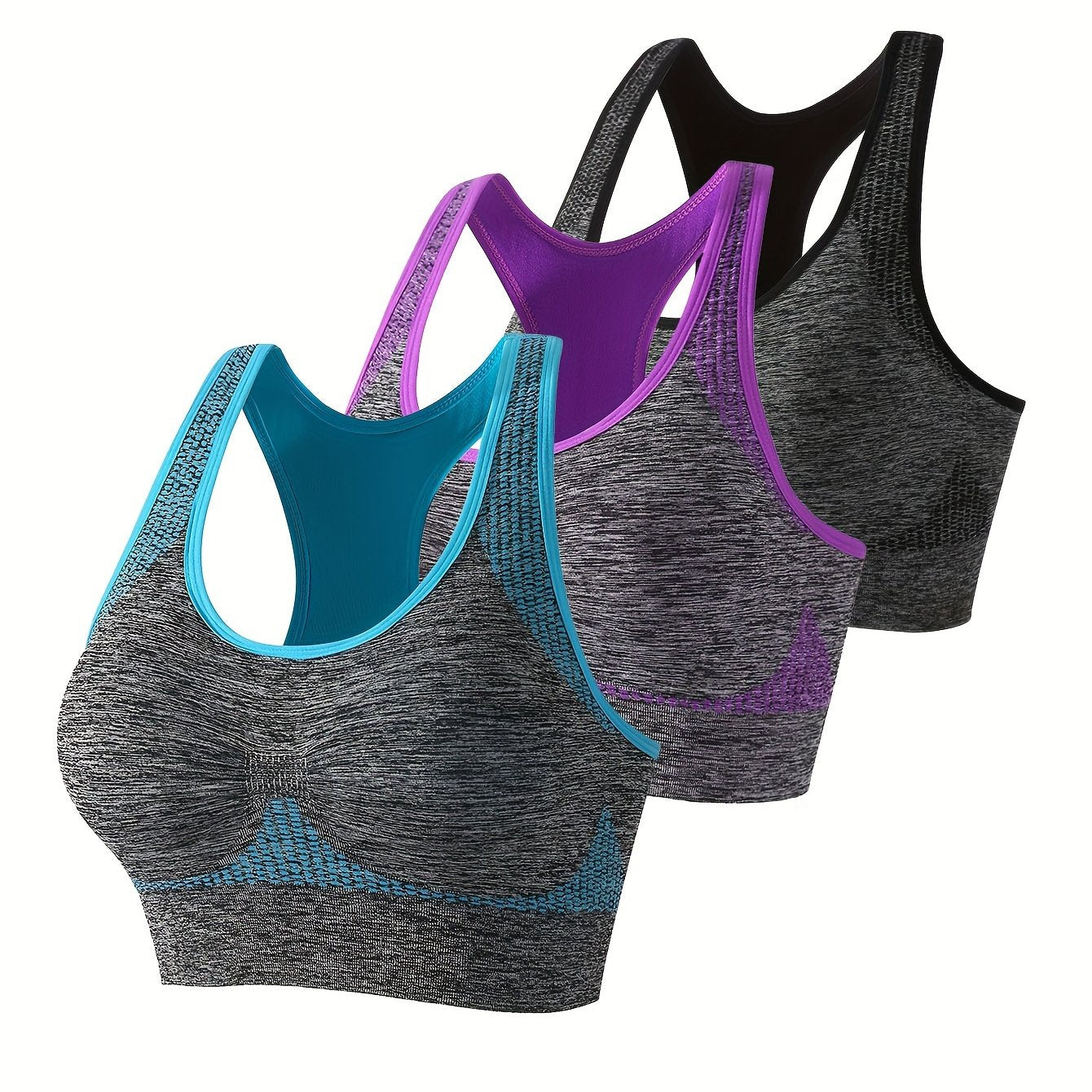3pcs Contrast Binding Quick Drying Sports Bra, Racerback Shockproof Running Fitness Crop Tank Top, Women's Activewear