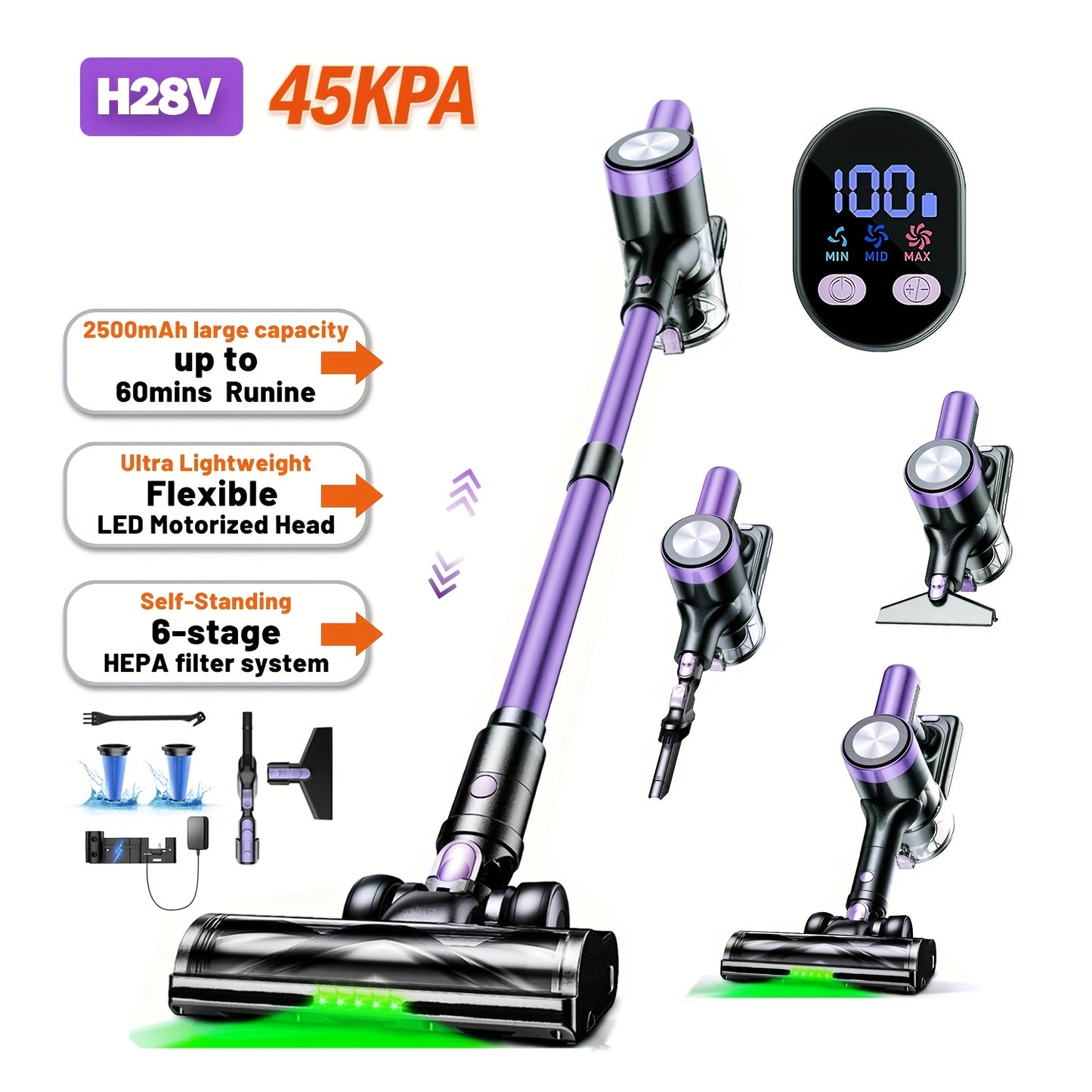 High Suction Home Cordless Vacuum Cleaner, 10-in-1 Multi-Purpose Cane Vacuum Cleaner, 45-Minute Range, 3 Suction Modes with Upgraded Green LED Lights And Tangle-Free Brush for Home, Hardwood Floors, Carpets And Pet Hair.