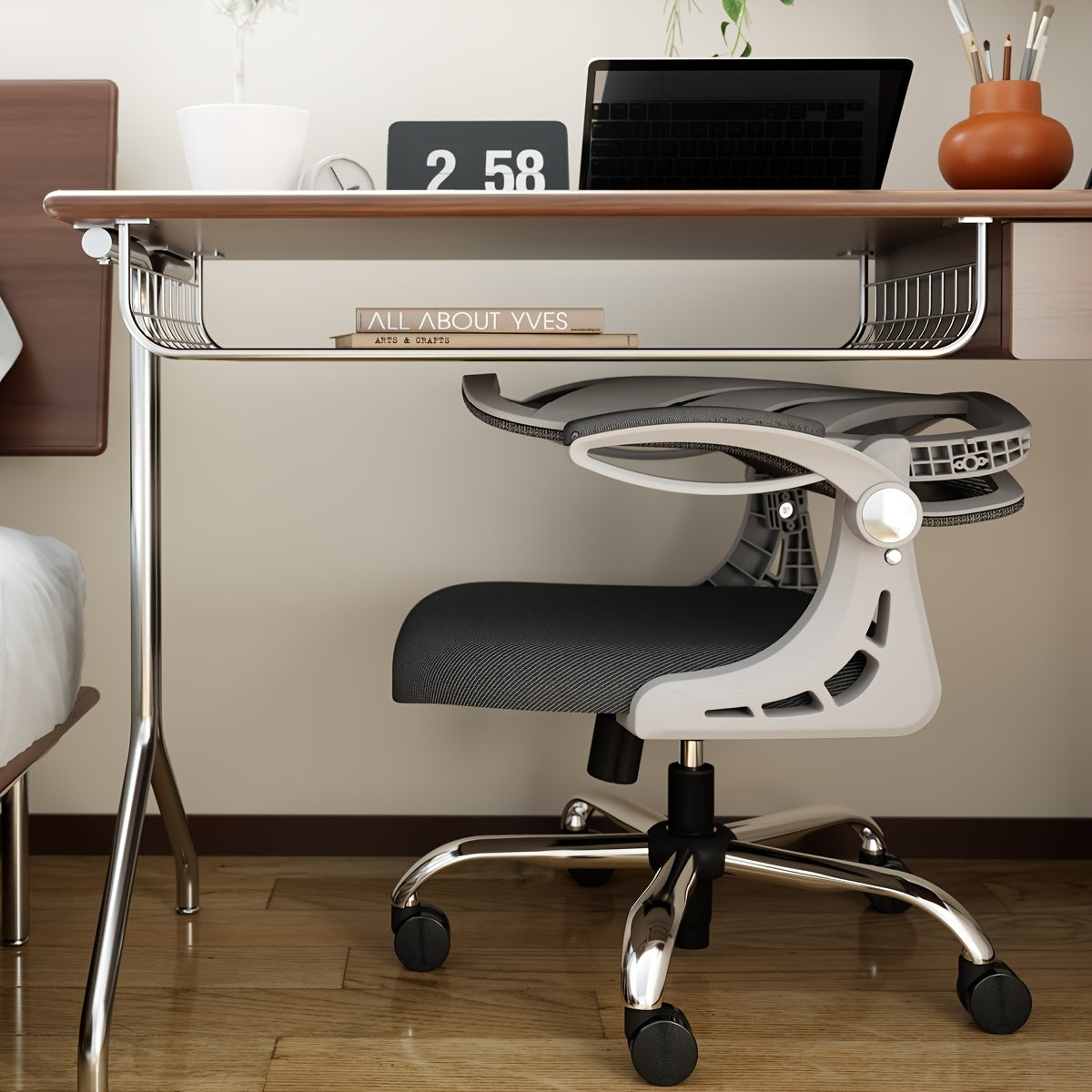 Ergonomic Office Chair with Foldable Space-Saving Design, Breathable Mesh Back & Adjustable Lumbar Support, Flip-Up Armrests, Height-Adjustable - Heavy-Duty Plastic Frame, Foam Padding, White/Black Color Options - Ideal for H