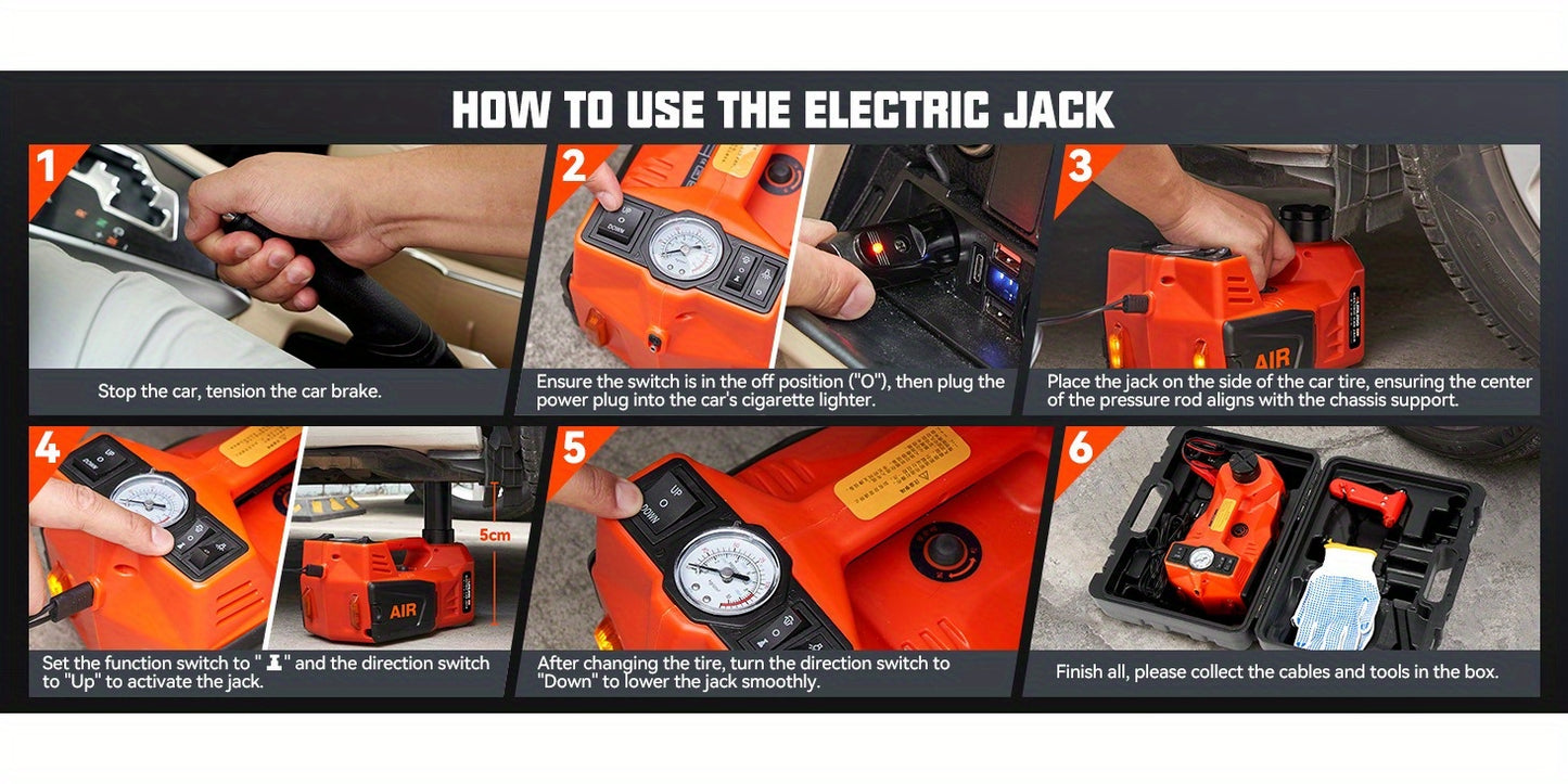 Macaco hidráulico reforçado de 12V e 5 toneladas (elevação de 15,5 a 45 cm) com compressor de ar e luz LED | Sistema de elevação sem fios para automóveis, SUV e camiões, troca de pneus e reparações em oficinas mecânicas.