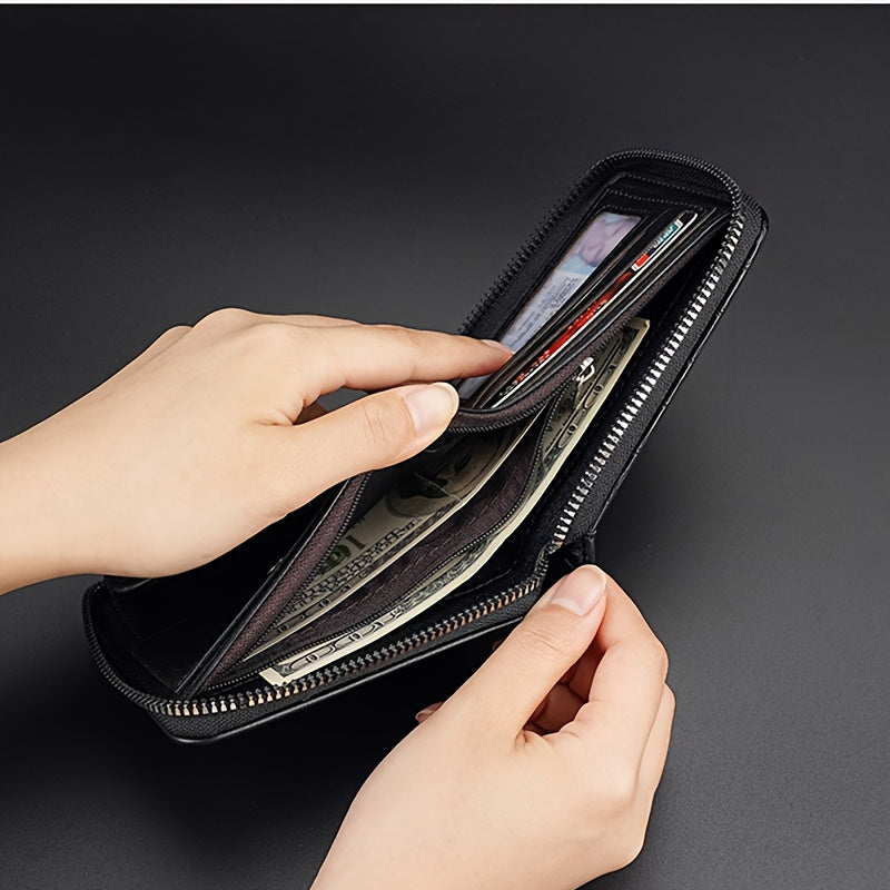 Luxury PU Leather Men's Wallet with RFID Blocking Technology, Zipper Closure & Multi-Compartment Design - Brown/Tan Crocodile Texture, Golden-Tone Hardware, Coin Pocket & Card Holder - Elegant Gift for Men, Durable Everyday W