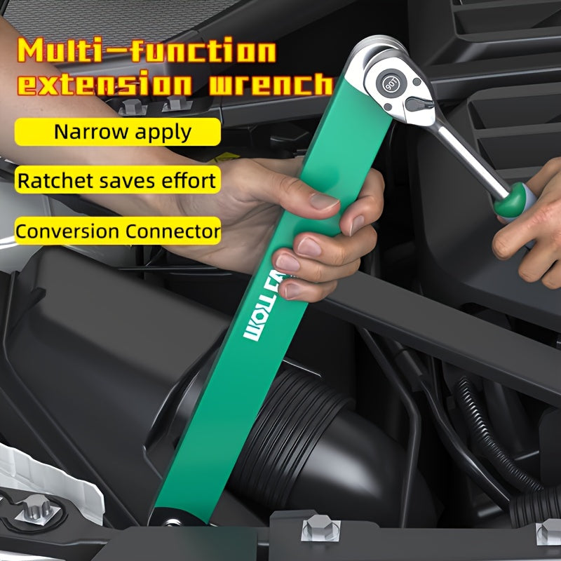 WOLLFAN Multi-Functional Extension Wrench, 39cm/15.35inch, Ratchet Conversion, Narrow Extension, Quick Release Socket, Universal Tool for Car Maintenance, Durable Material