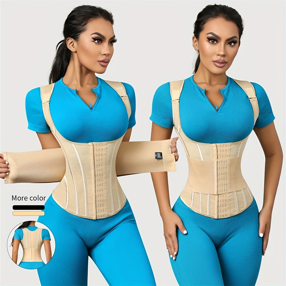 Polyamide Women's Waist Trainer Corset - Back Support with Dual Waist Straps, Adjustable Shoulder Straps, Hard Control Knit Fabric Cincher, Breathable with Steel Frame Support, 72.7% Polyamide 27.3% Elastane, Washable - 1 Pc