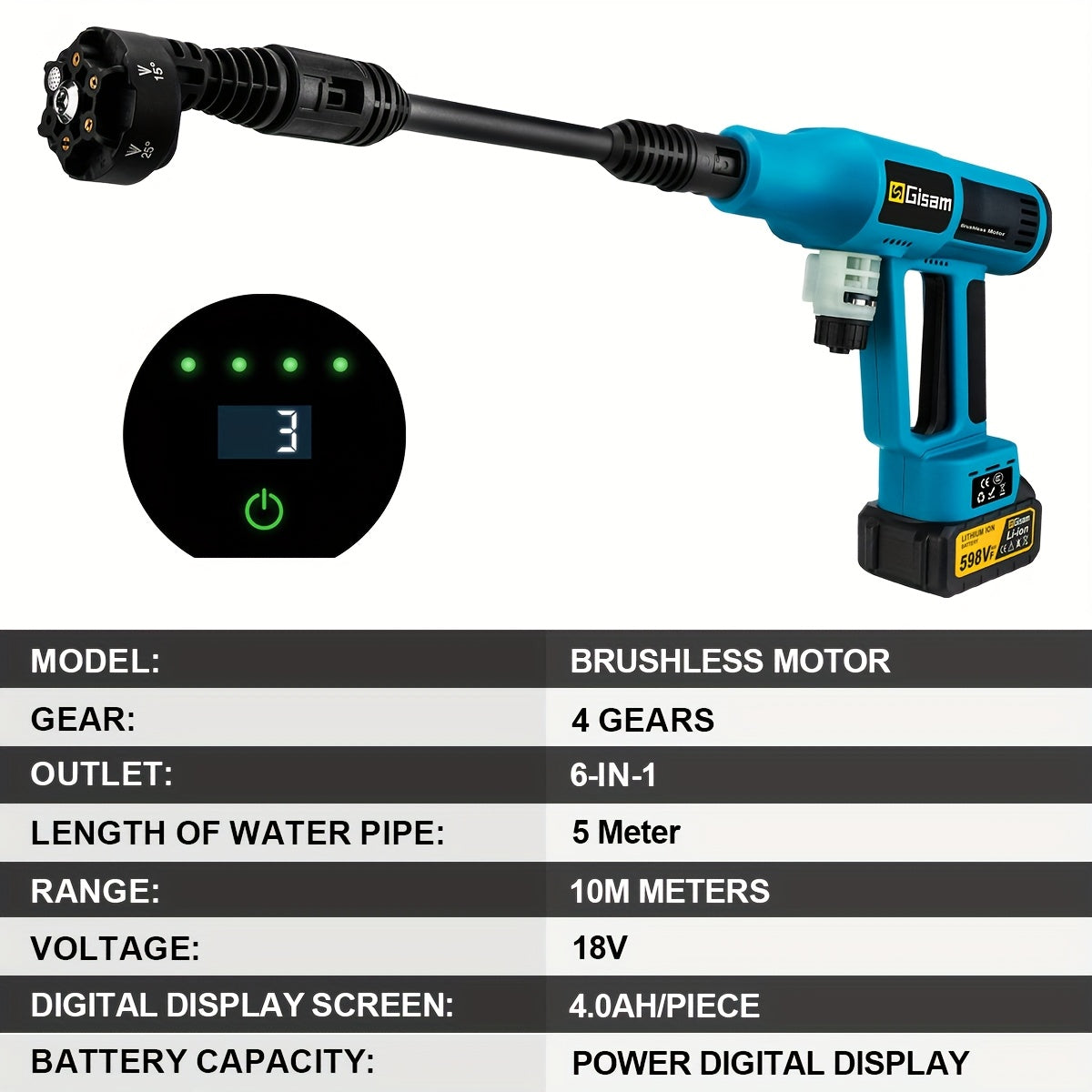 Gisam Cordless High-Pressure Car Washer Gun with Digital Touch Screen & 2 x 4000mAh - 6-in-1 Nozzles, 4-Speed Brushless Motor, Heavy-Duty Water Spray System for, Trucks, Motorcycles, Garden,, Driveway Cleaning (Portable)