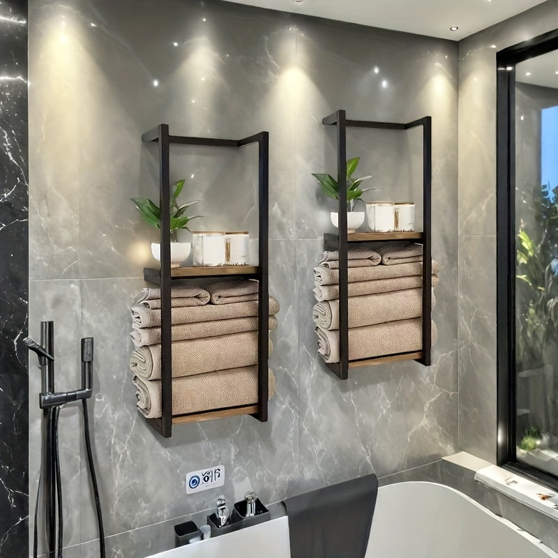 2-Tier Iron Wall Mounted Towel Rack, French Country Style Bathroom Storage Rack, No Electricity Required, Durable Iron Material